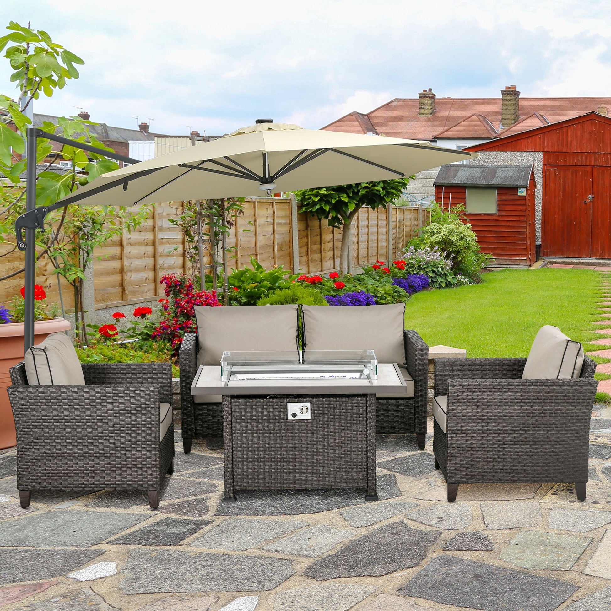 5 Pieces PE Rattan Garden Furniture Set with Gas Fire Pit Table, Loveseat Sofa, Armchairs, Patio Sofa Set with Cushions, Pillows, for Poolside, Dark Brown