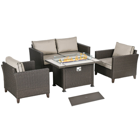 5 Pieces PE Rattan Garden Furniture Set with Gas Fire Pit Table, Loveseat Sofa, Armchairs, Patio Sofa Set with Cushions, Pillows, for Poolside, Dark Brown