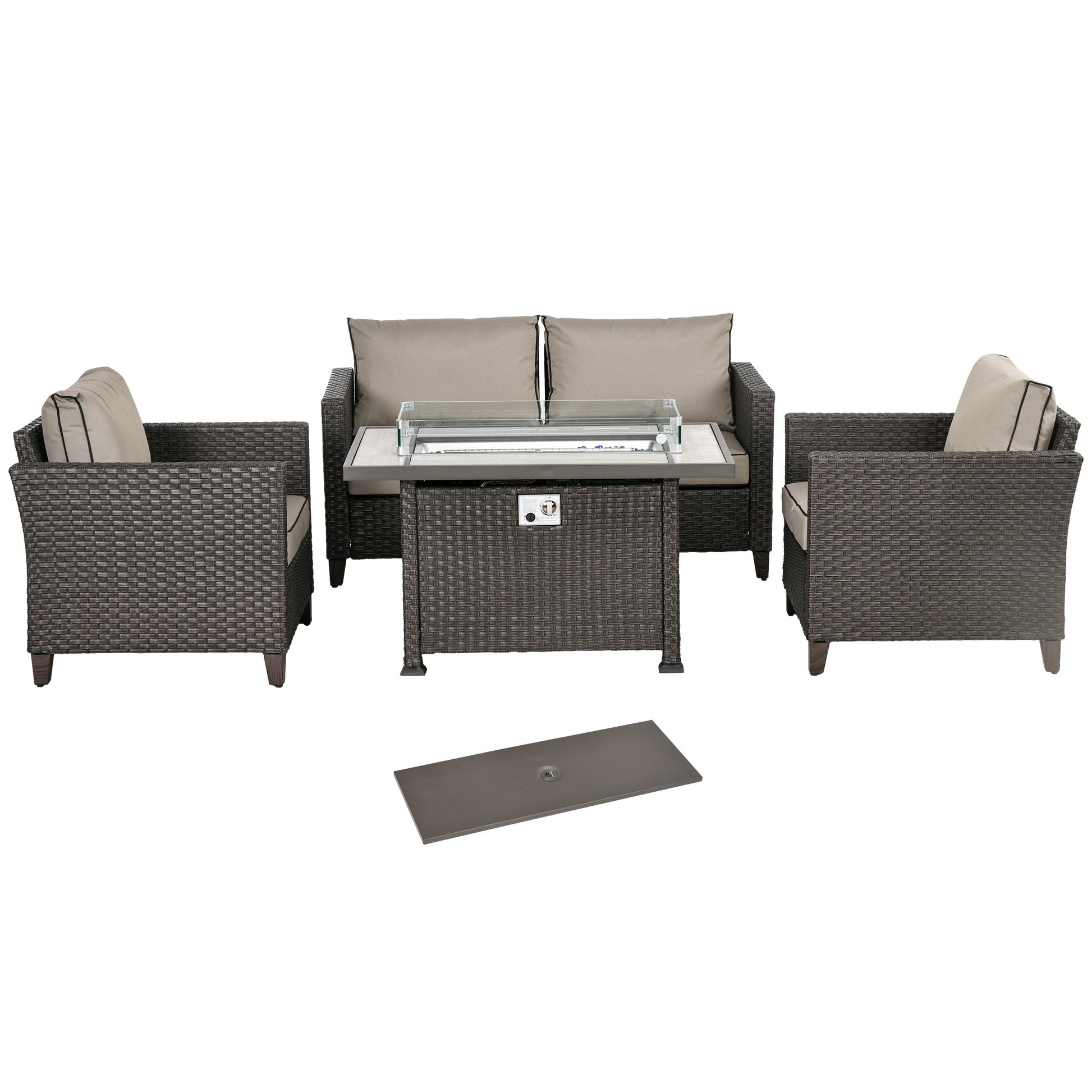5 Pieces PE Rattan Garden Furniture Set with Gas Fire Pit Table, Loveseat Sofa, Armchairs, Patio Sofa Set with Cushions, Pillows, for Poolside, Dark Brown