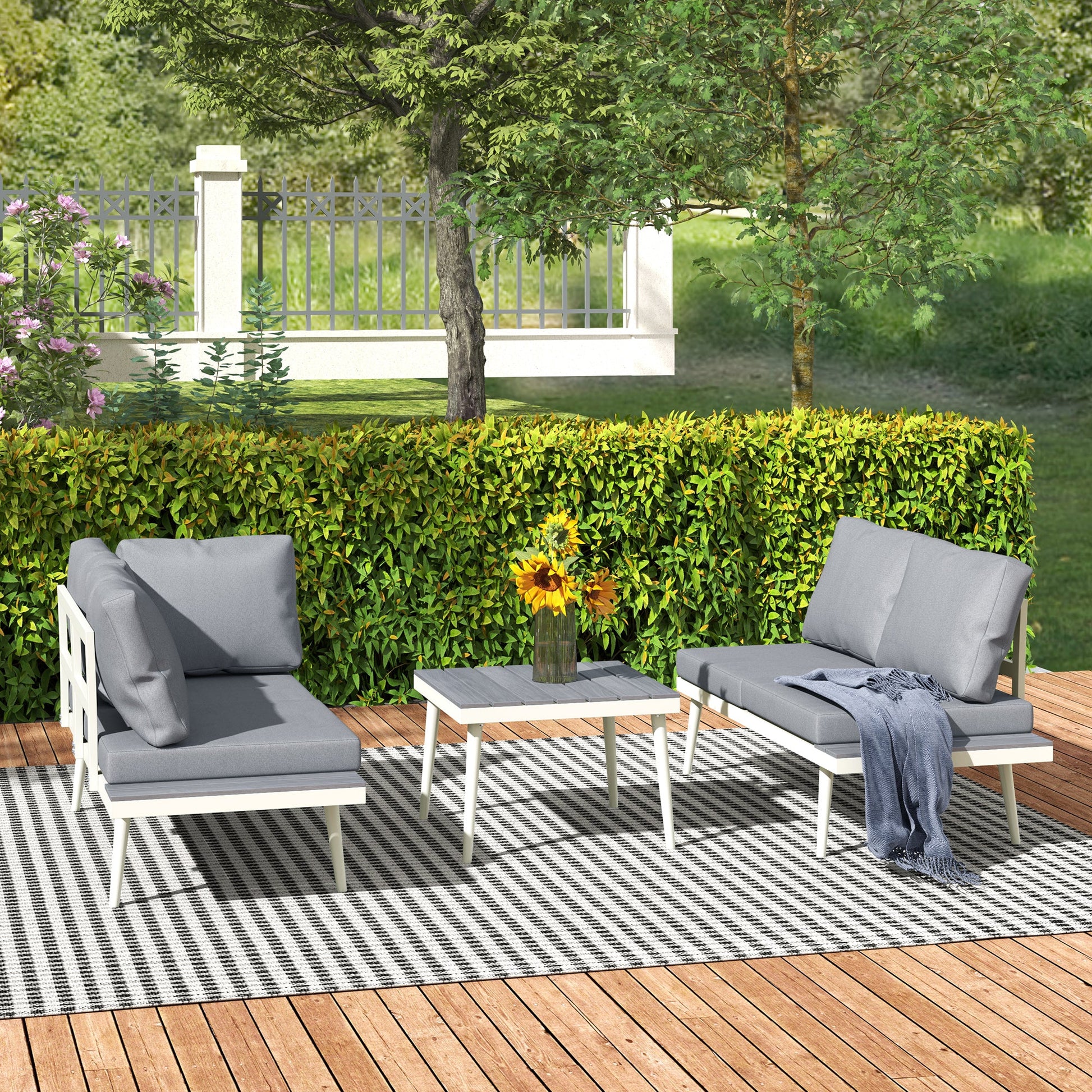 3 Piece Garden Furniture Set with 5-Level Adjustable Lounger, L Shaped Garden Corner Sofa with Cushions, Mesh Seat, Slatted Wood-Grain Table, Outdoor Furniture Set for Conservatory, Grey