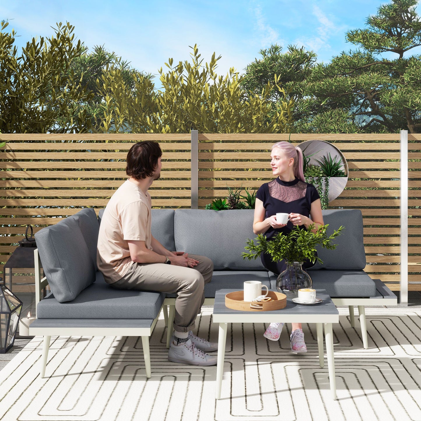 3 Piece Garden Furniture Set with 5-Level Adjustable Lounger, L Shaped Garden Corner Sofa with Cushions, Mesh Seat, Slatted Wood-Grain Table, Outdoor Furniture Set for Conservatory, Grey