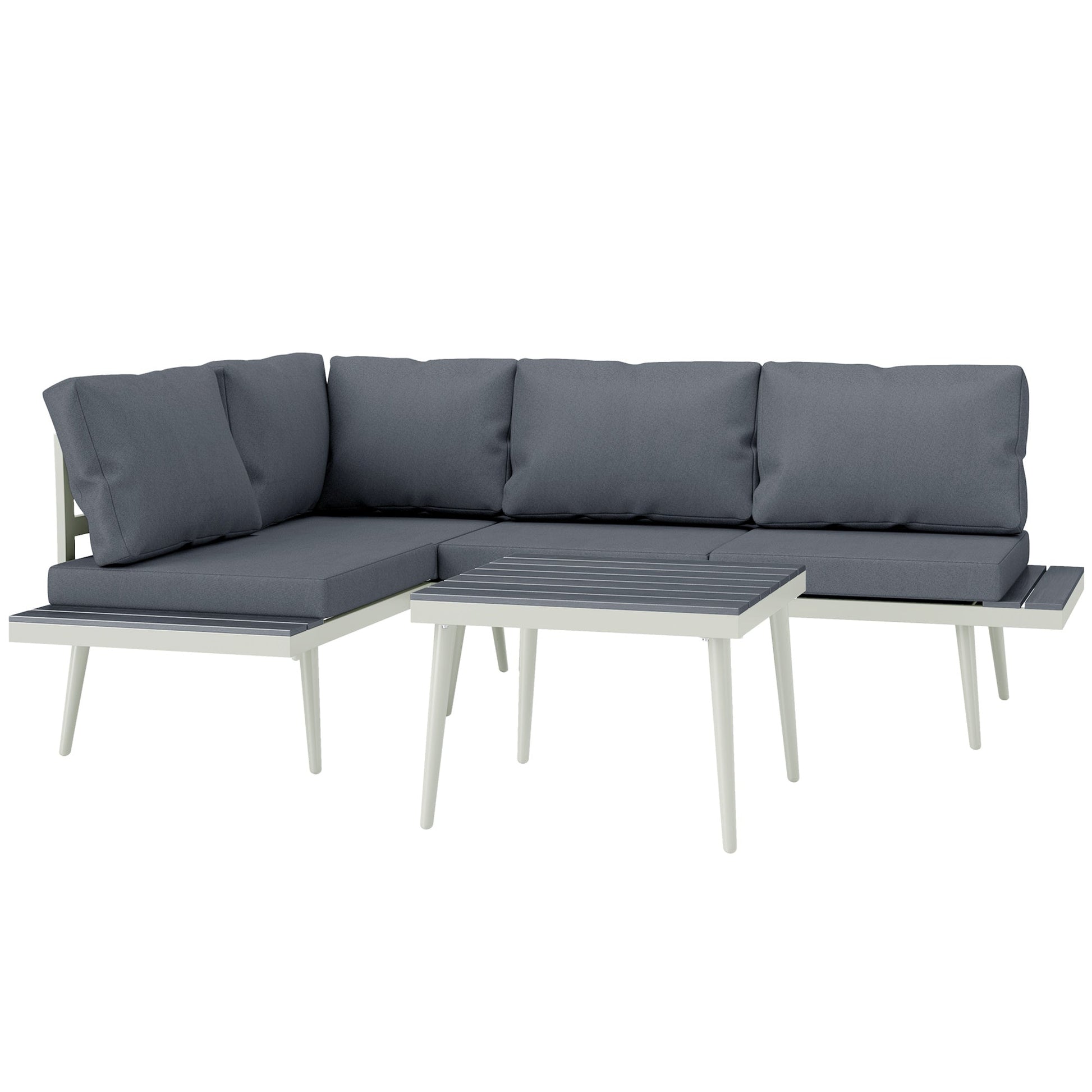3 Piece Garden Furniture Set with 5-Level Adjustable Lounger, L Shaped Garden Corner Sofa with Cushions, Mesh Seat, Slatted Wood-Grain Table, Outdoor Furniture Set for Conservatory, Grey