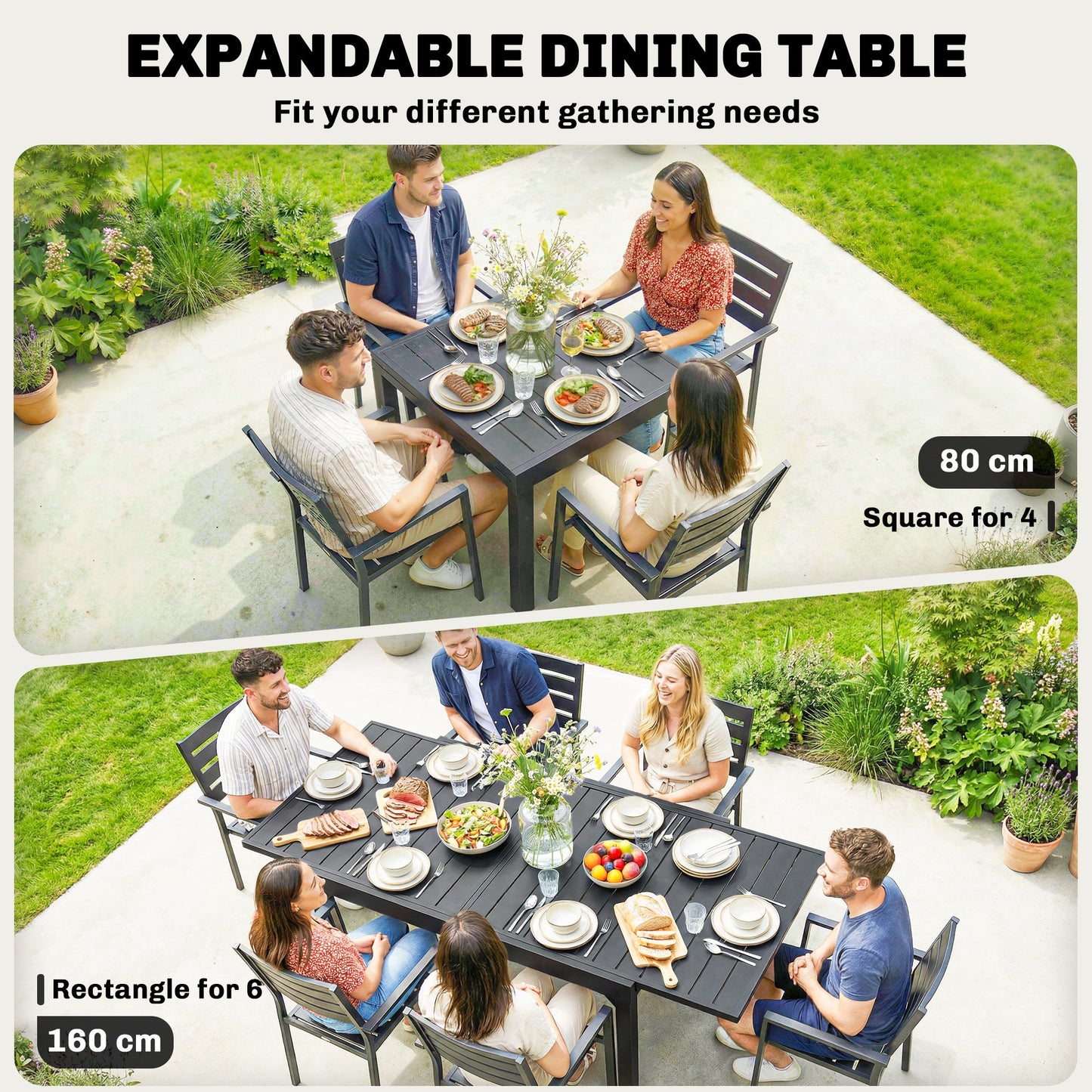 Extending Garden Table for 4-6 People, 80-160 cm Aluminium Extendable Outdoor Patio Table with Slatted Top for Garden, Lawn, Yard, Black