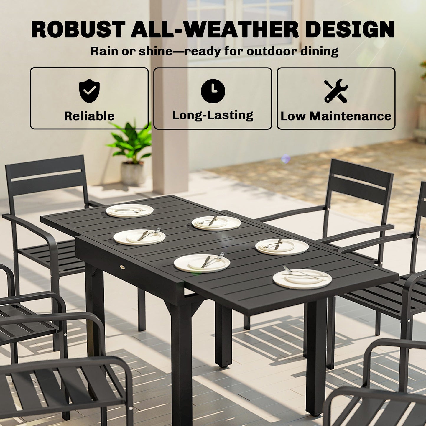 Extending Garden Table for 4-6 People, 80-160 cm Aluminium Extendable Outdoor Patio Table with Slatted Top for Garden, Lawn, Yard, Black