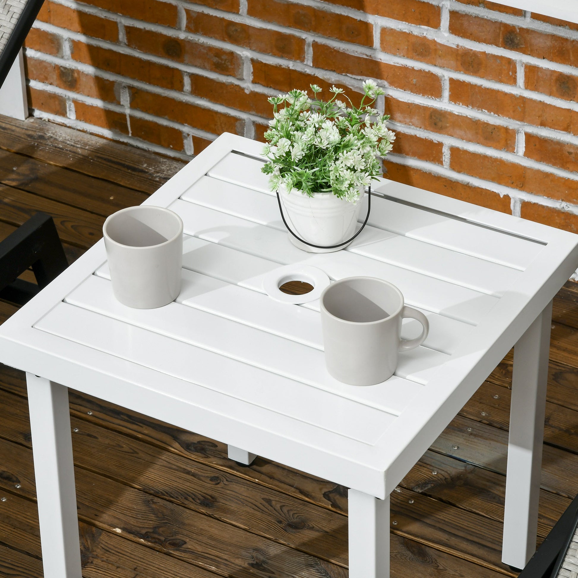 Garden Side Table, 51x51cm Square Patio Coffee Table with Umbrella Hole, End Table with Steel Frame for Balcony, White