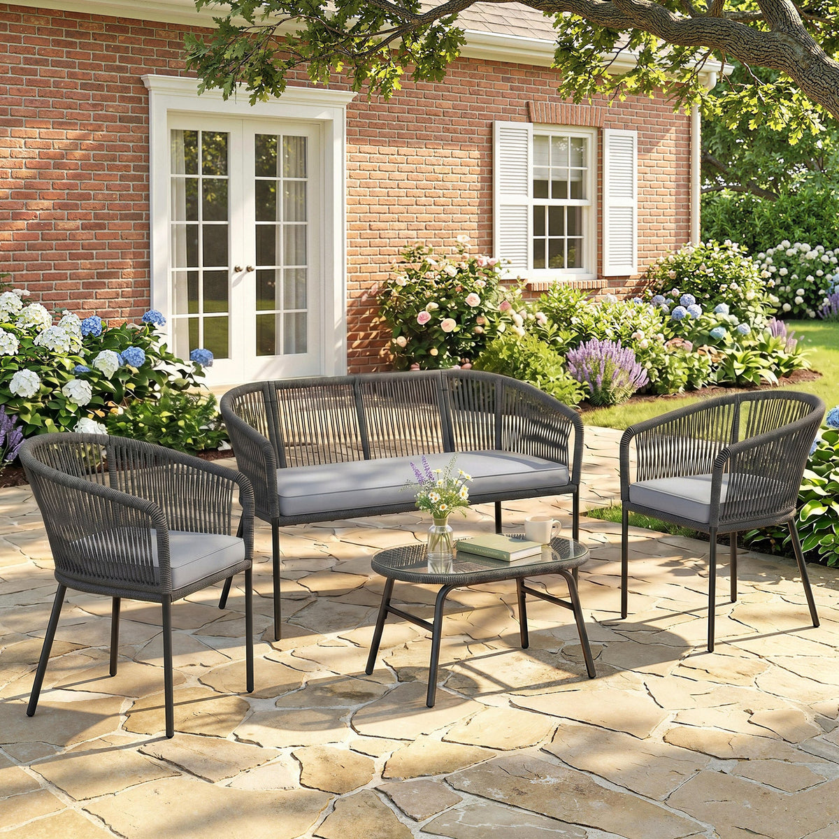 4 Piece Garden Furniture Set, Rope Woven Garden Sofa Set with 1 Loveseat, 2 Armchairs, Tempered Glass Coffee Table, Outdoor Conversation Furniture with Cushions for Patio, Dark Grey
