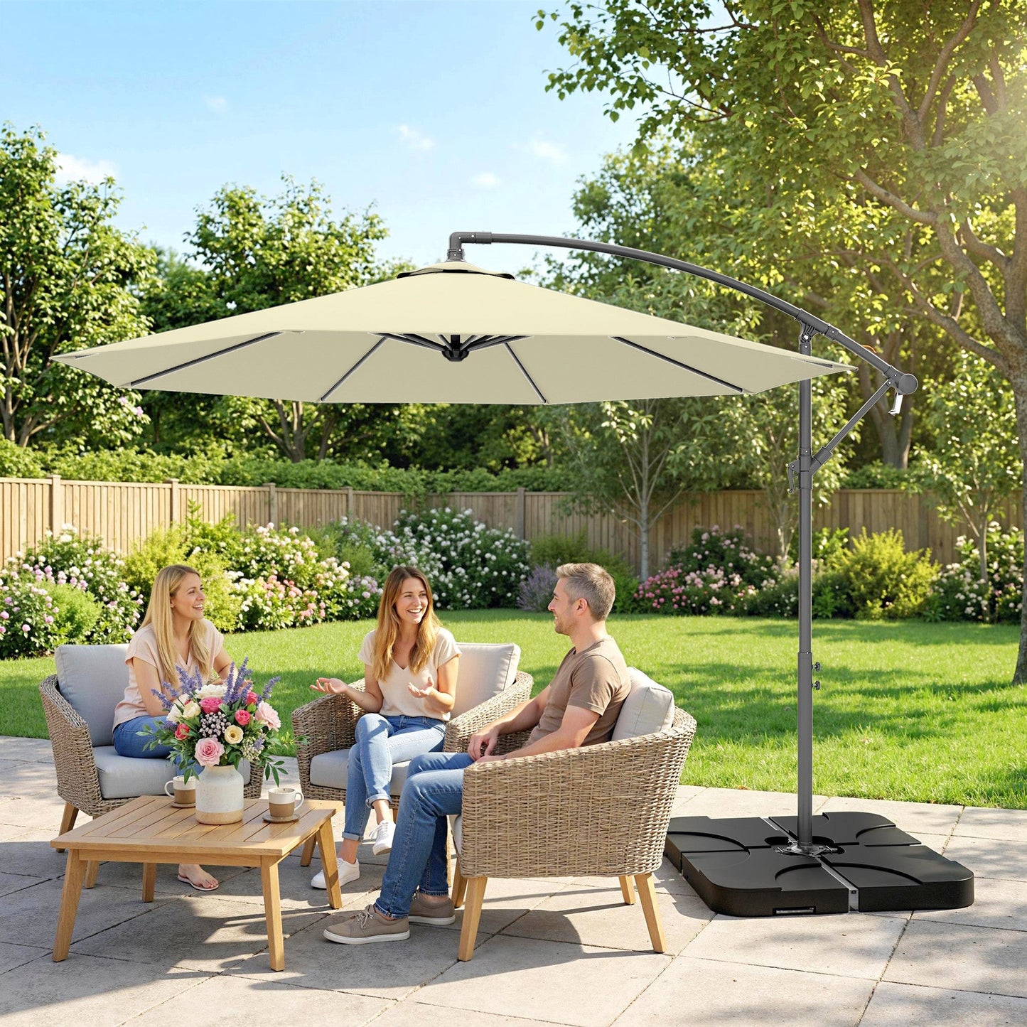 3 m Cantilever Parasol with Umbrella Weights, Cross Base, Offset Outdoor Umbrella with Protective Cover, Crank Handle, Hanging Sun Shade, Sand