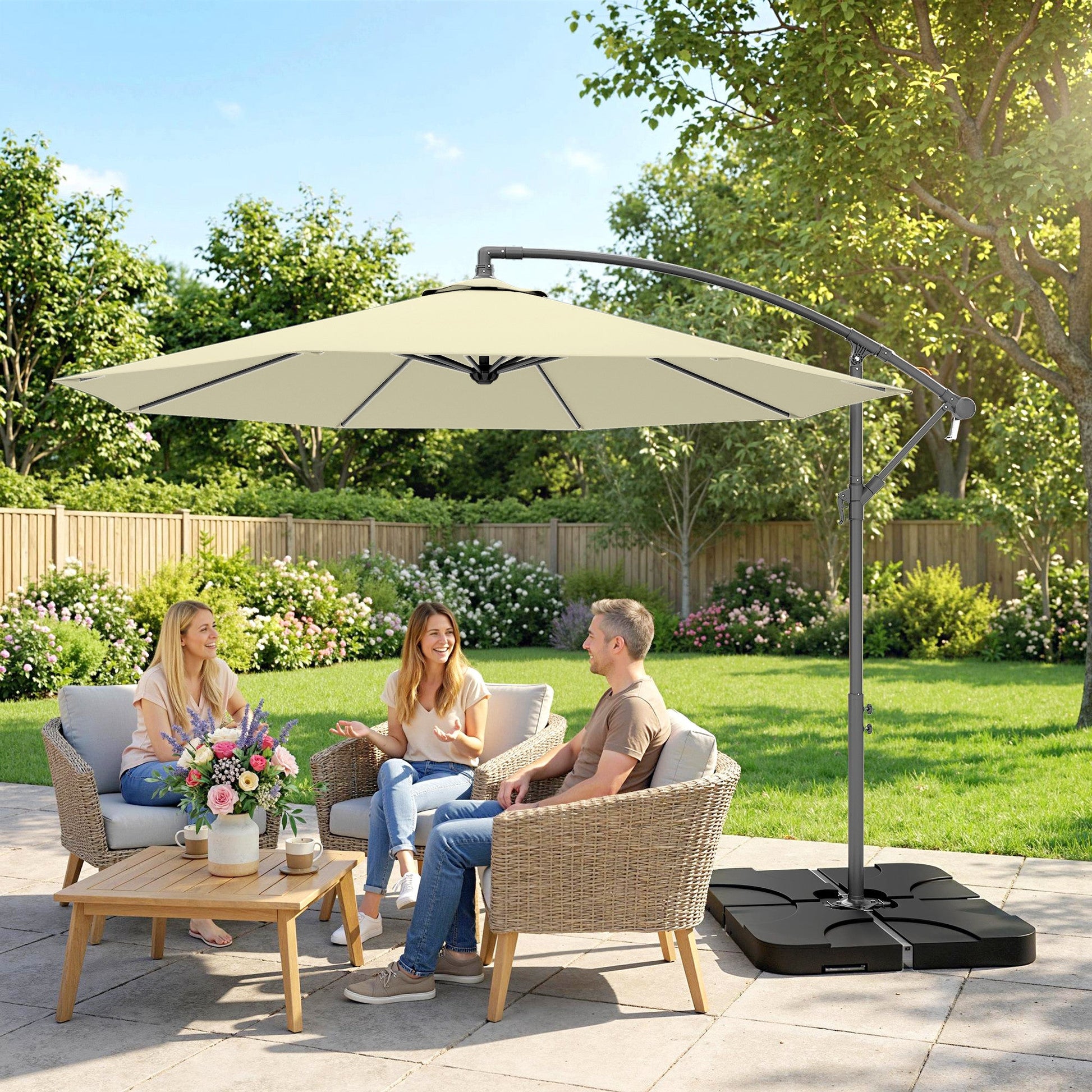 3 m Cantilever Parasol with Umbrella Weights, Cross Base, Offset Outdoor Umbrella with Protective Cover, Crank Handle, Hanging Sun Shade, Sand