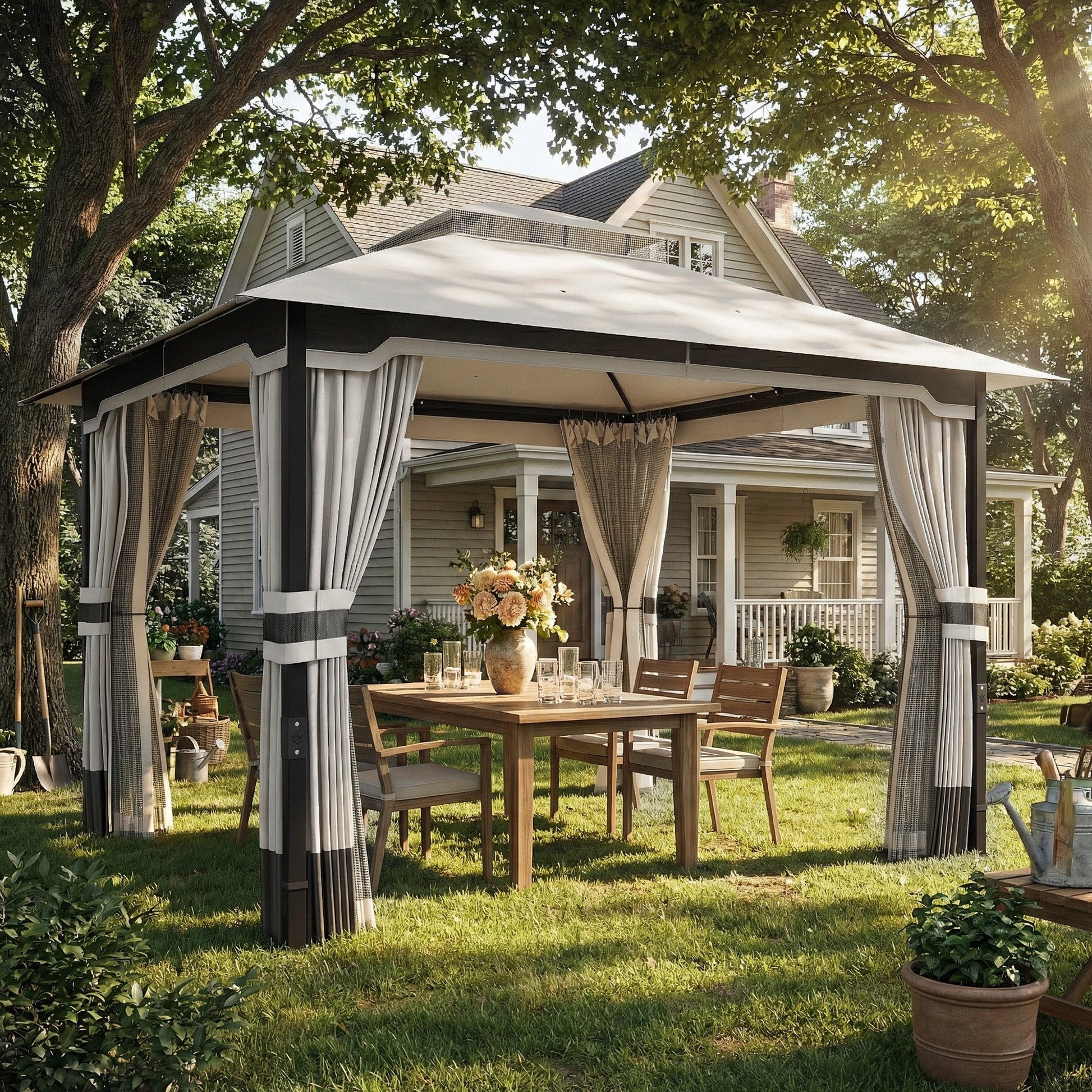 3 x 3.6 m Outdoor Garden Gazebo with Netting and Curtains, Double Roof Patio Gazebo Permanent Pavilion Canopy Shelter with Metal Frame, Drainage Holes, Light Grey