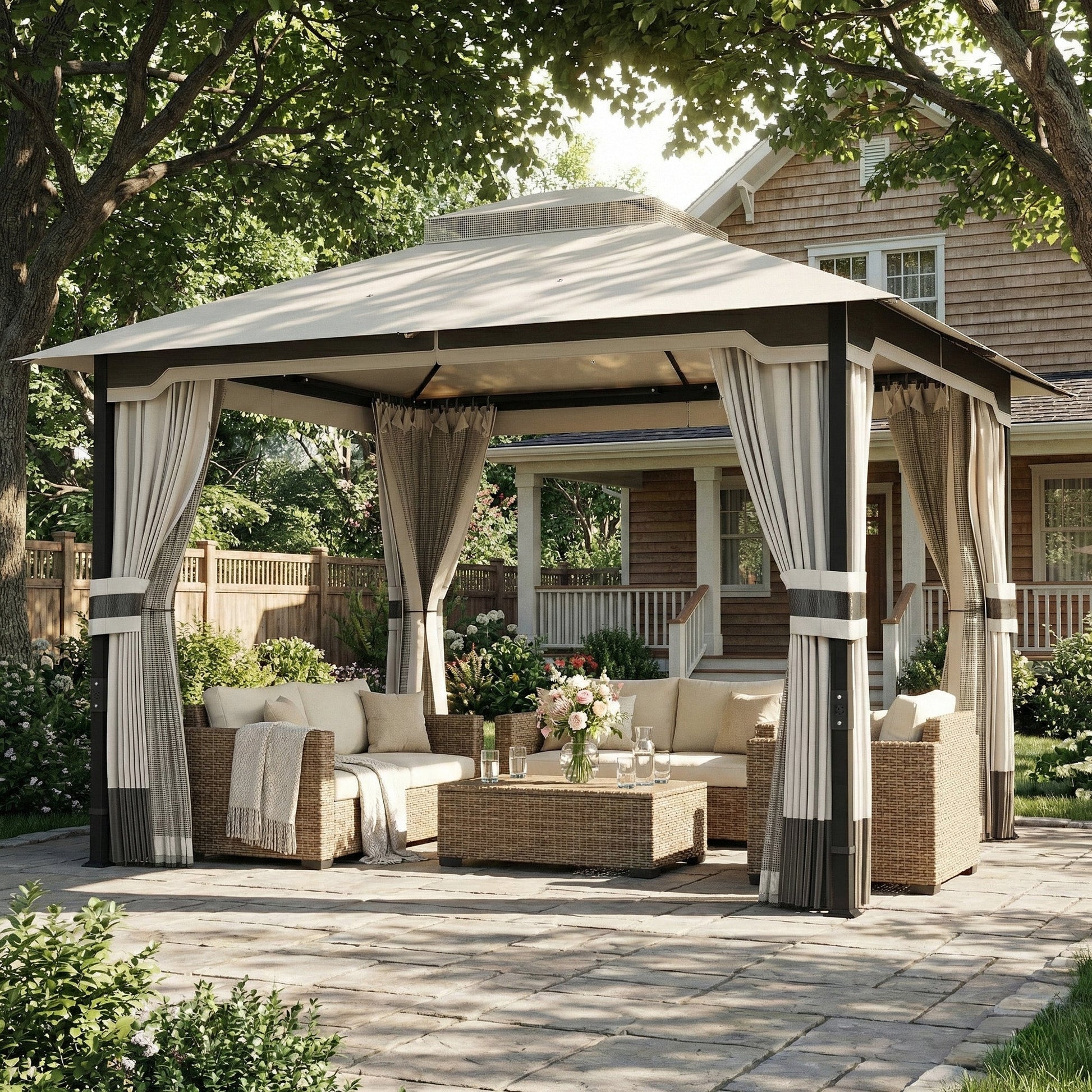 3 x 3.6 m Outdoor Garden Gazebo with Netting and Curtains, Double Roof Patio Gazebo Permanent Pavilion Canopy Shelter with Metal Frame, Drainage Holes, Light Grey