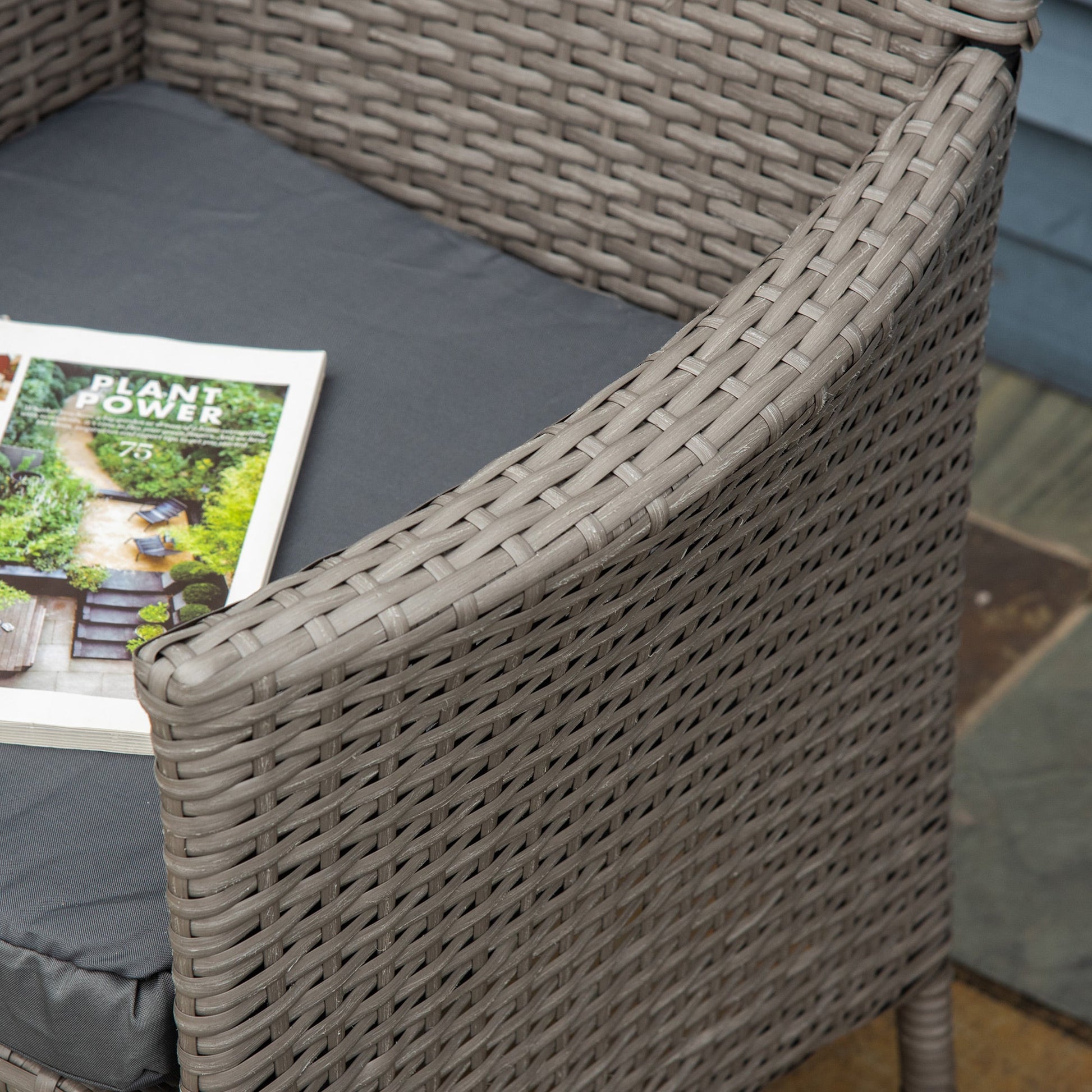 2 Pieces Outdoor PE Rattan Dining Chairs Set with Cushion, Garden Armchair with Armrests, High Backrest, Metal Frame Patio Wicker Furniture, Grey