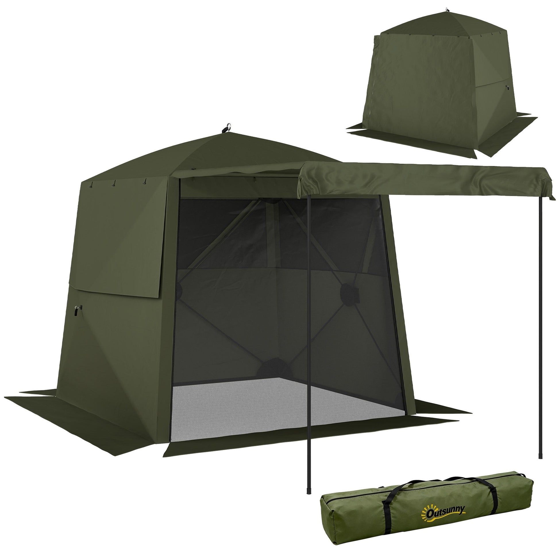2 x 2 m Pop Up Gazebo with Awning, Waterproof Instant Shelter for Garden BBQ, Fishing, Camping, Easy Setup Garden Gazebo with Sides, Mesh Windows & Carry Bag, Army Green