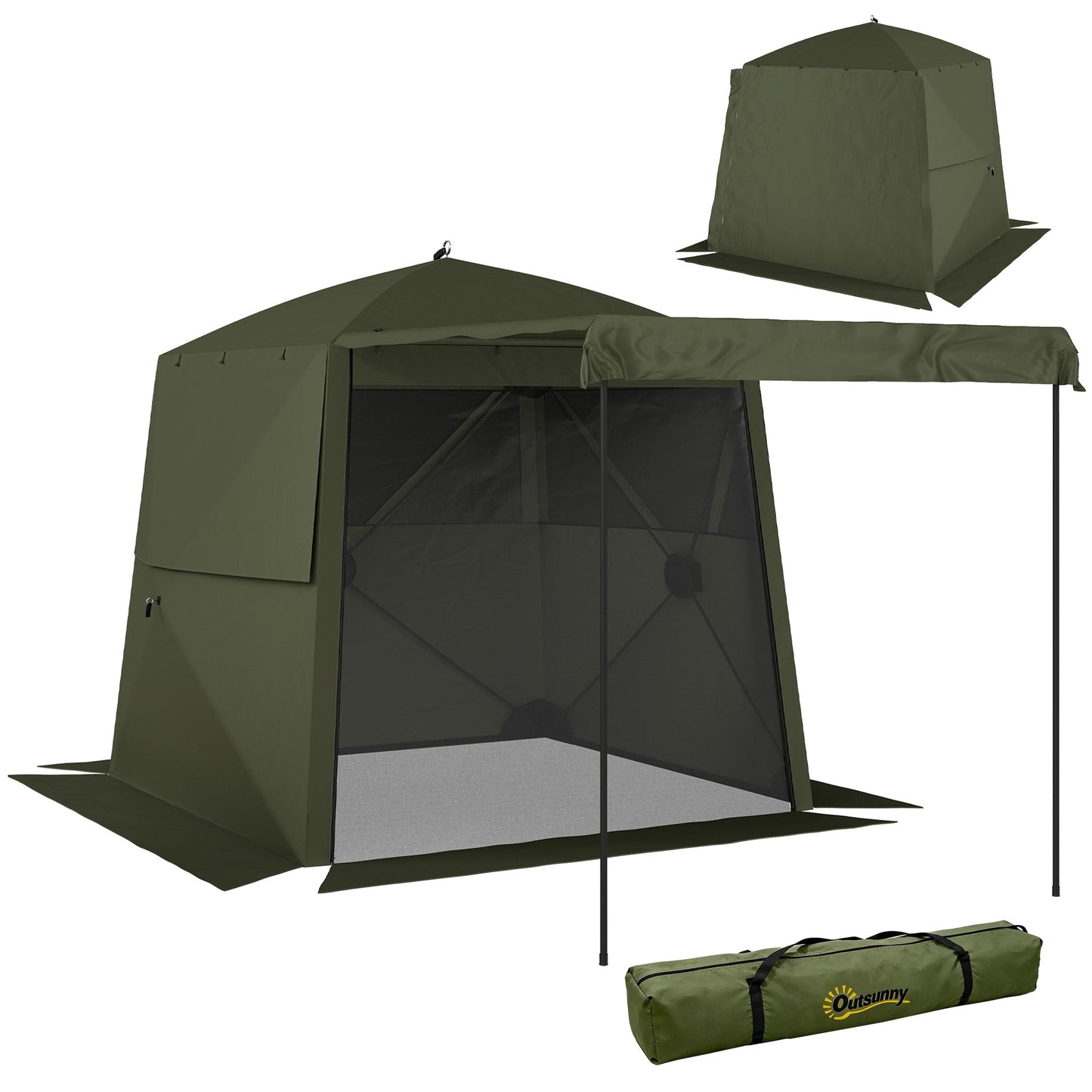 2 x 2 m Pop Up Gazebo with Awning, Waterproof Instant Shelter for Garden BBQ, Fishing, Camping, Easy Setup Garden Gazebo with Sides, Mesh Windows & Carry Bag, Army Green