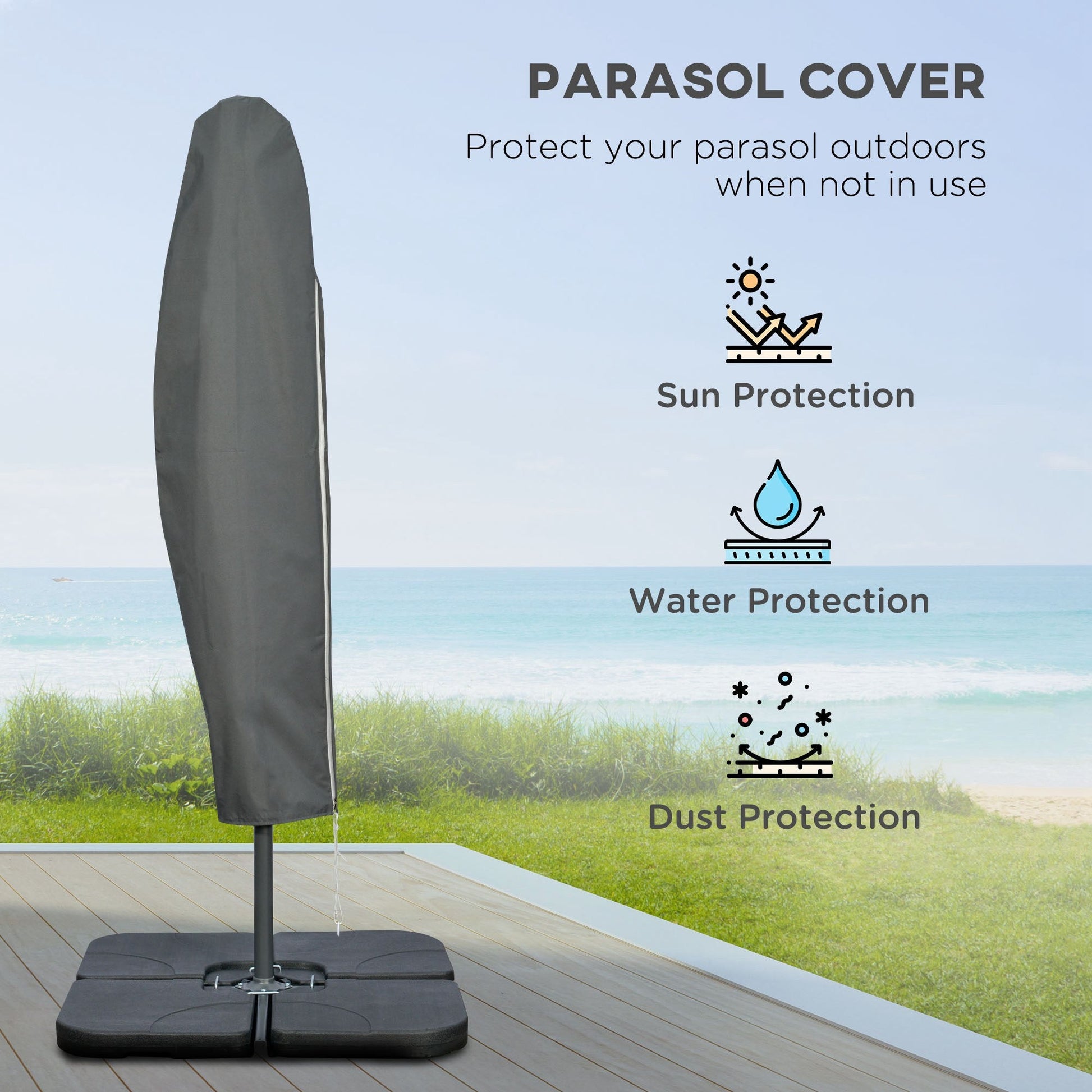 3(m) Garden Banana Parasol Cantilever Umbrella with Crank Handle, Cross Base, Weights and Cover for Outdoor, Hanging Sun Shade, Grey