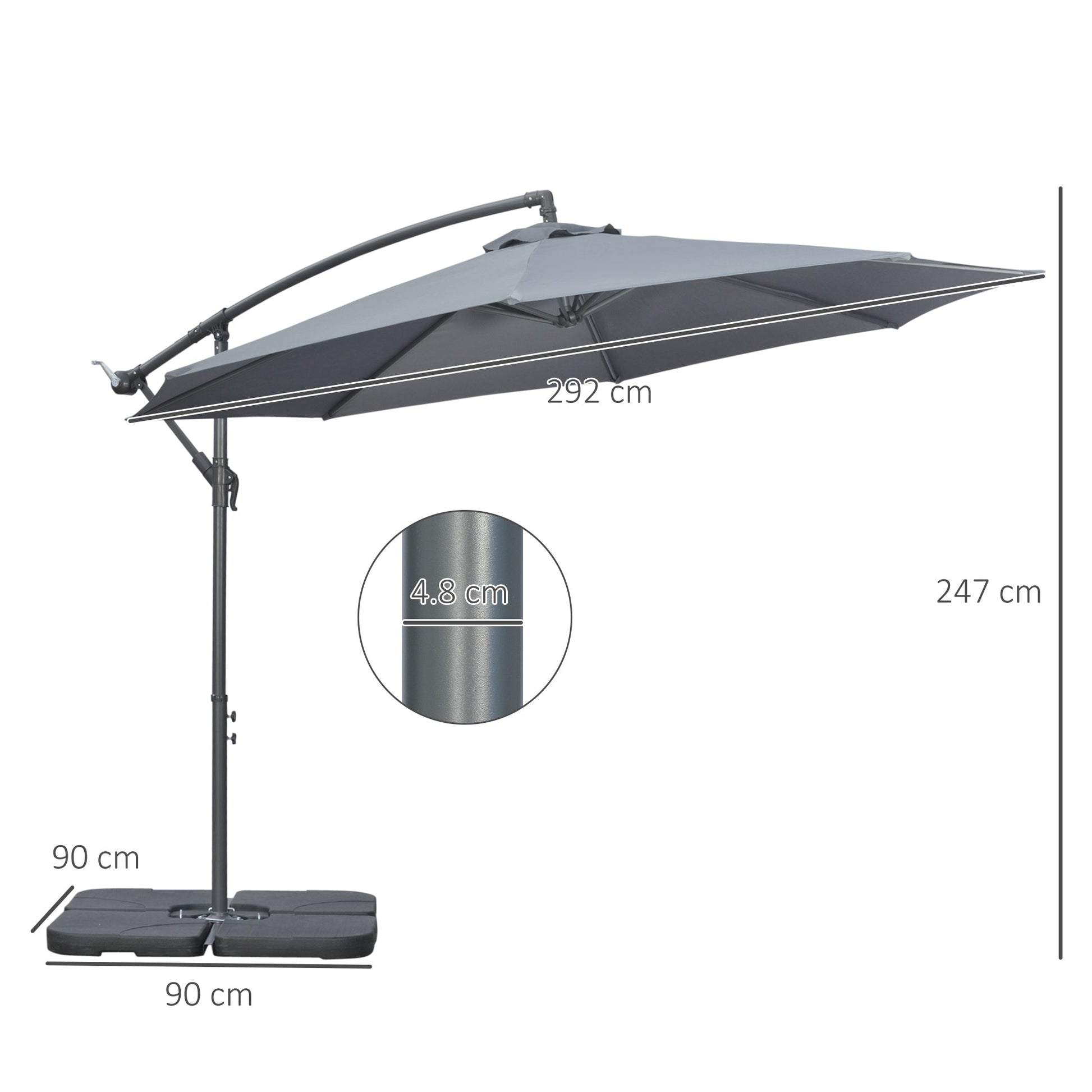 3(m) Garden Banana Parasol Cantilever Umbrella with Crank Handle, Cross Base, Weights and Cover for Outdoor, Hanging Sun Shade, Grey