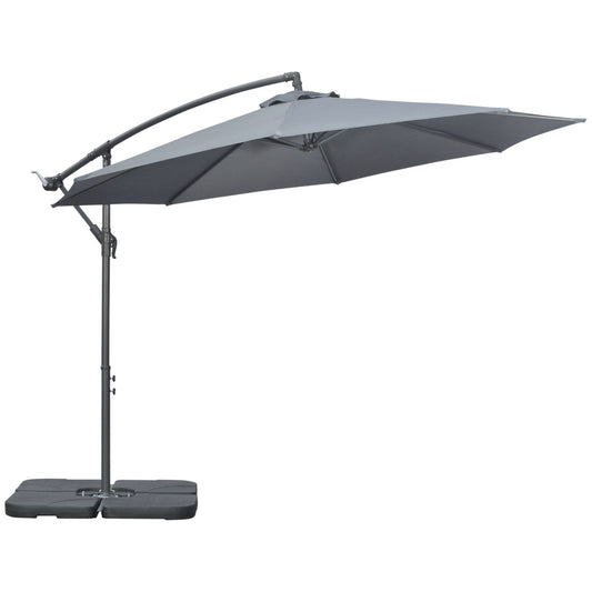 3(m) Garden Banana Parasol Cantilever Umbrella with Crank Handle, Cross Base, Weights and Cover for Outdoor, Hanging Sun Shade, Grey