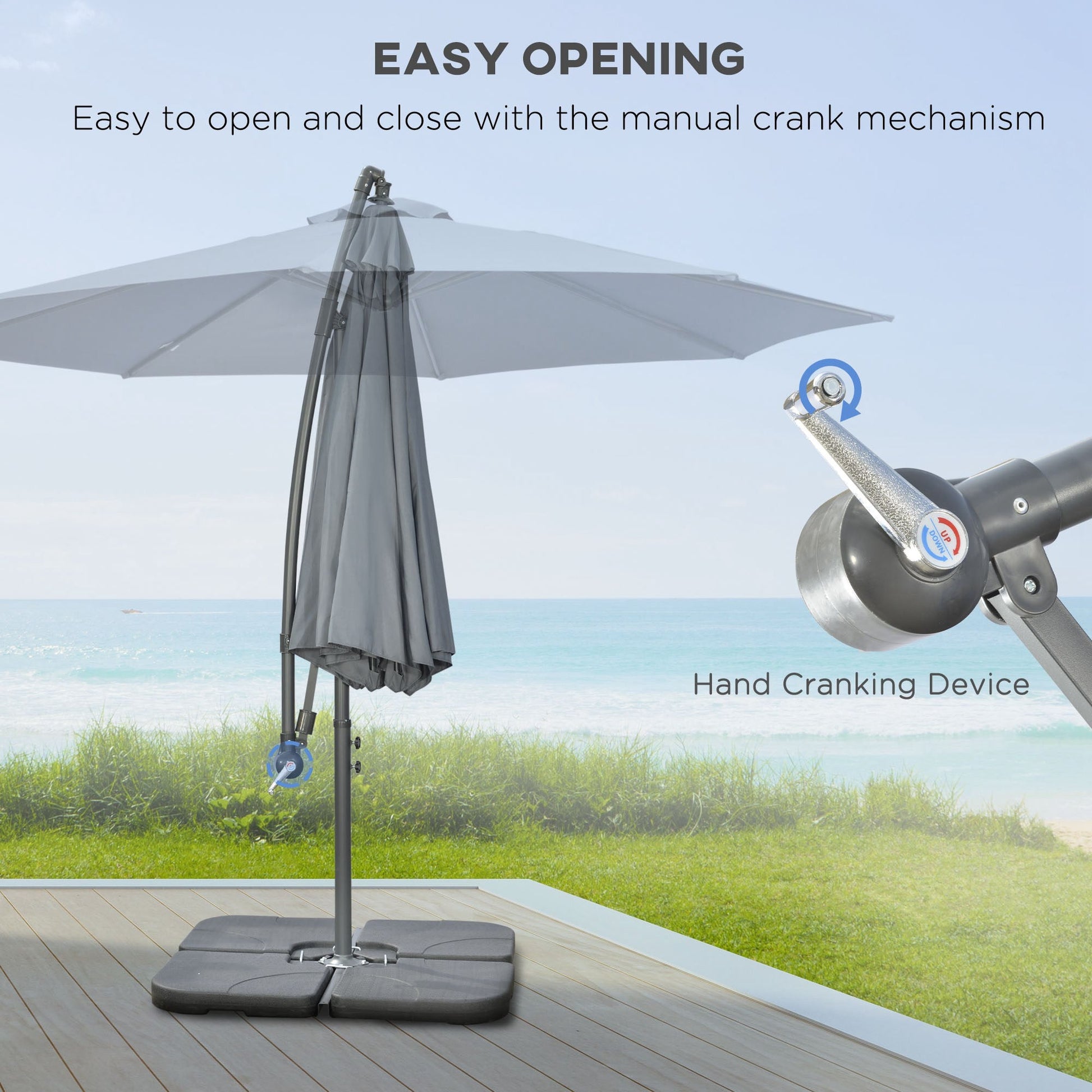 3(m) Garden Banana Parasol Cantilever Umbrella with Crank Handle, Cross Base, Weights and Cover for Outdoor, Hanging Sun Shade, Grey