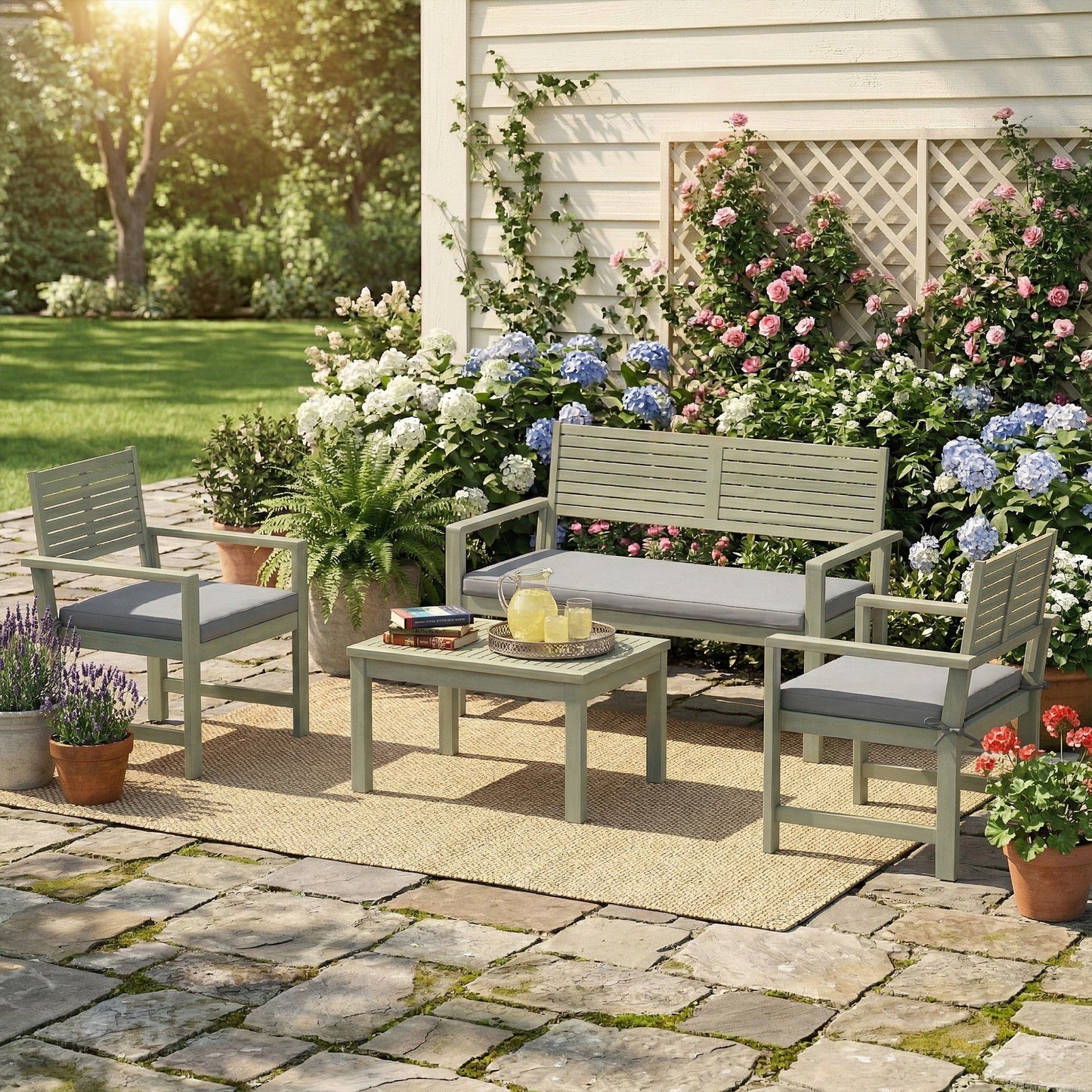 4 Seater Wooden Garden Furniture Set with Loveseat, 2 Armchairs, Wood-Top Table, Acacia Wood Garden Sofa Set with Cushions, Outdoor Furniture Conversation Sets, Light Grey