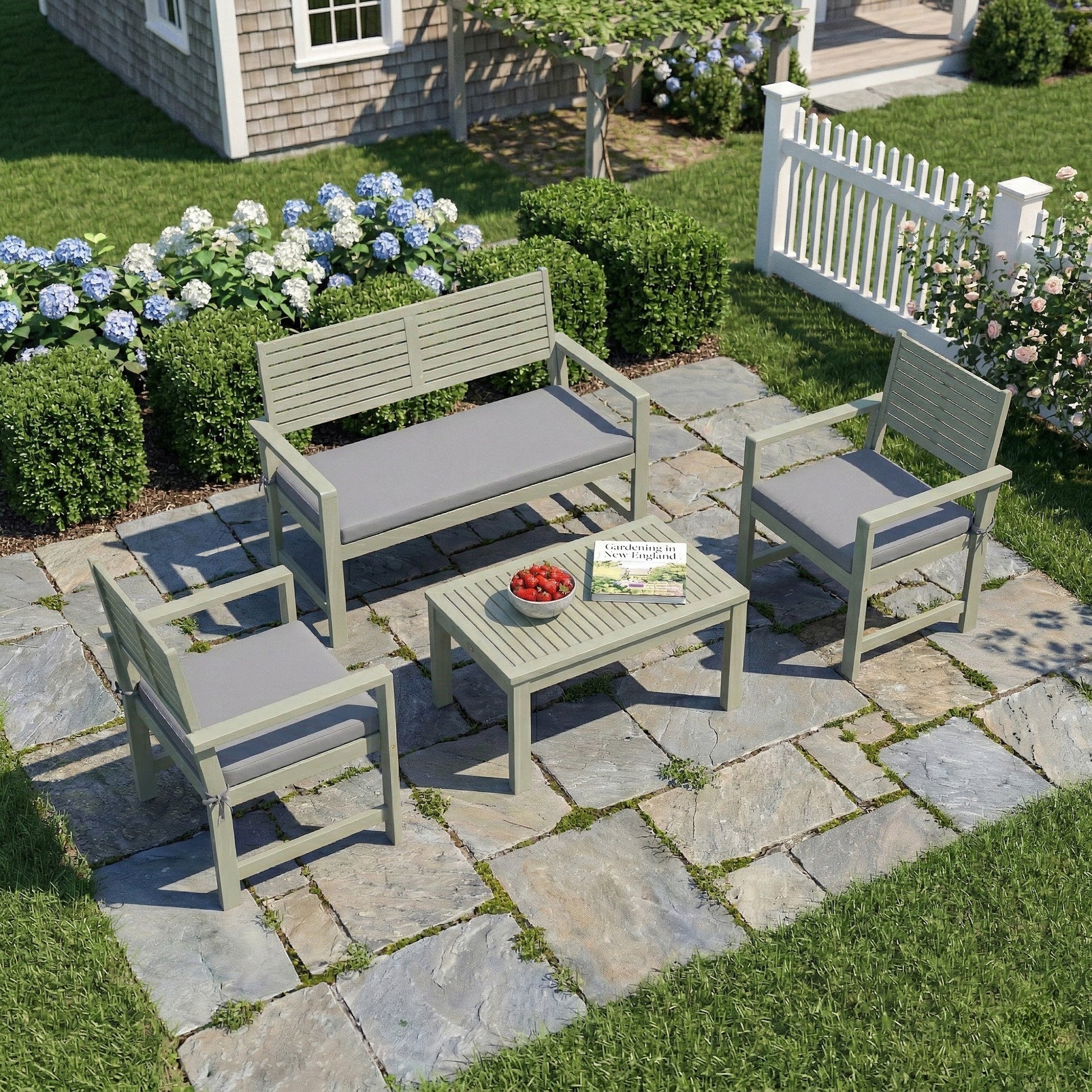 4 Seater Wooden Garden Furniture Set with Loveseat, 2 Armchairs, Wood-Top Table, Acacia Wood Garden Sofa Set with Cushions, Outdoor Furniture Conversation Sets, Light Grey