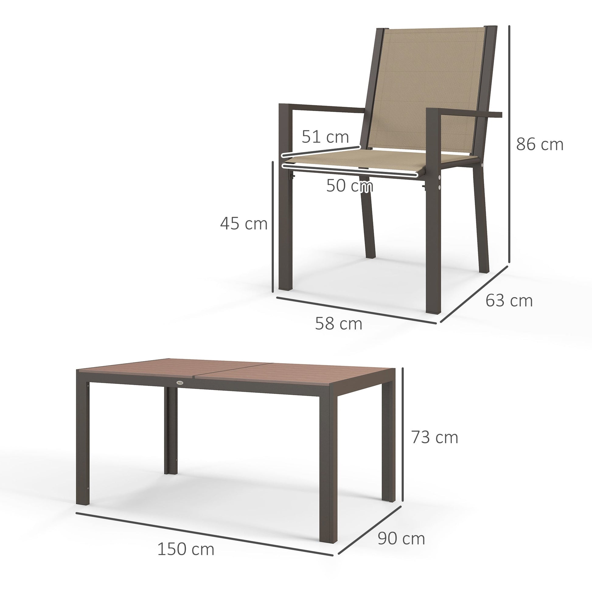 Garden Dining Set for 6, Garden Table and Stackable Chairs, 6 Seater Garden Furniture with Rectangular WPC Top Dining Table and Texteline Fabric for Outdoor, Patio, Khaki
