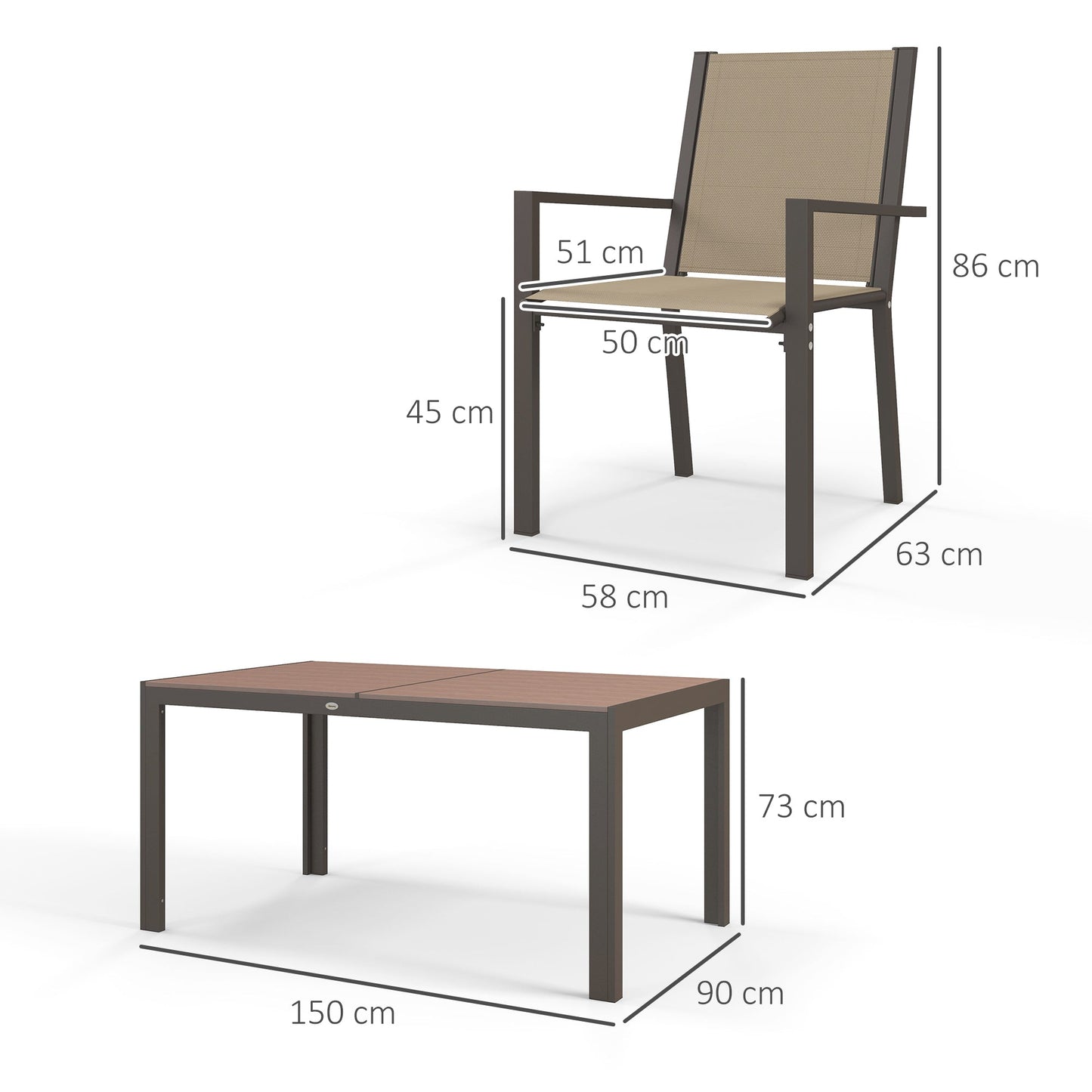 Garden Dining Set for 6, Garden Table and Stackable Chairs, 6 Seater Garden Furniture with Rectangular WPC Top Dining Table and Texteline Fabric for Outdoor, Patio, Khaki