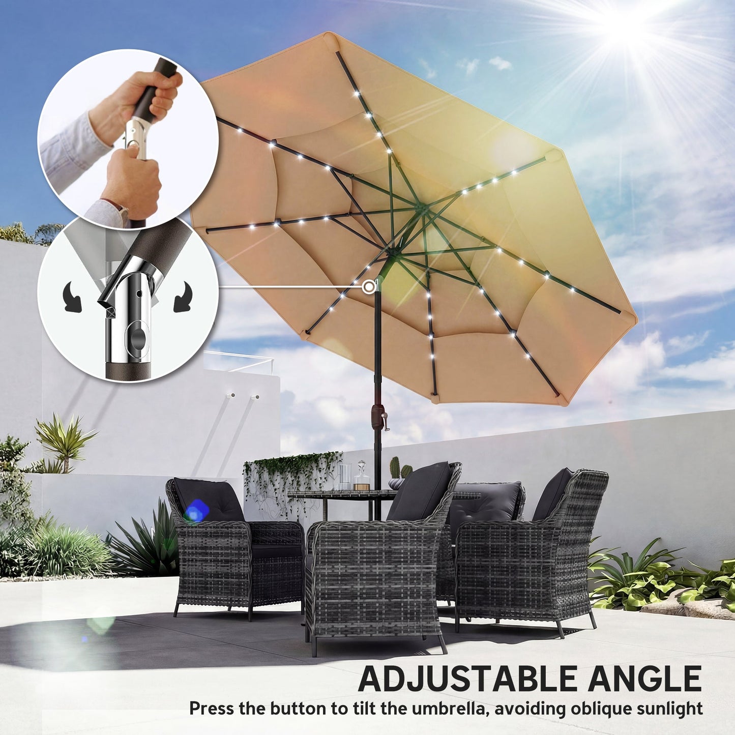2.8 m Garden Parasol Umbrella with LED Solar Light, Parasol Cover, 3 Tier Outdoor Table Market Patio Umbrella Sun Shade with Tilt and Crank, 8 Ribs, Khaki