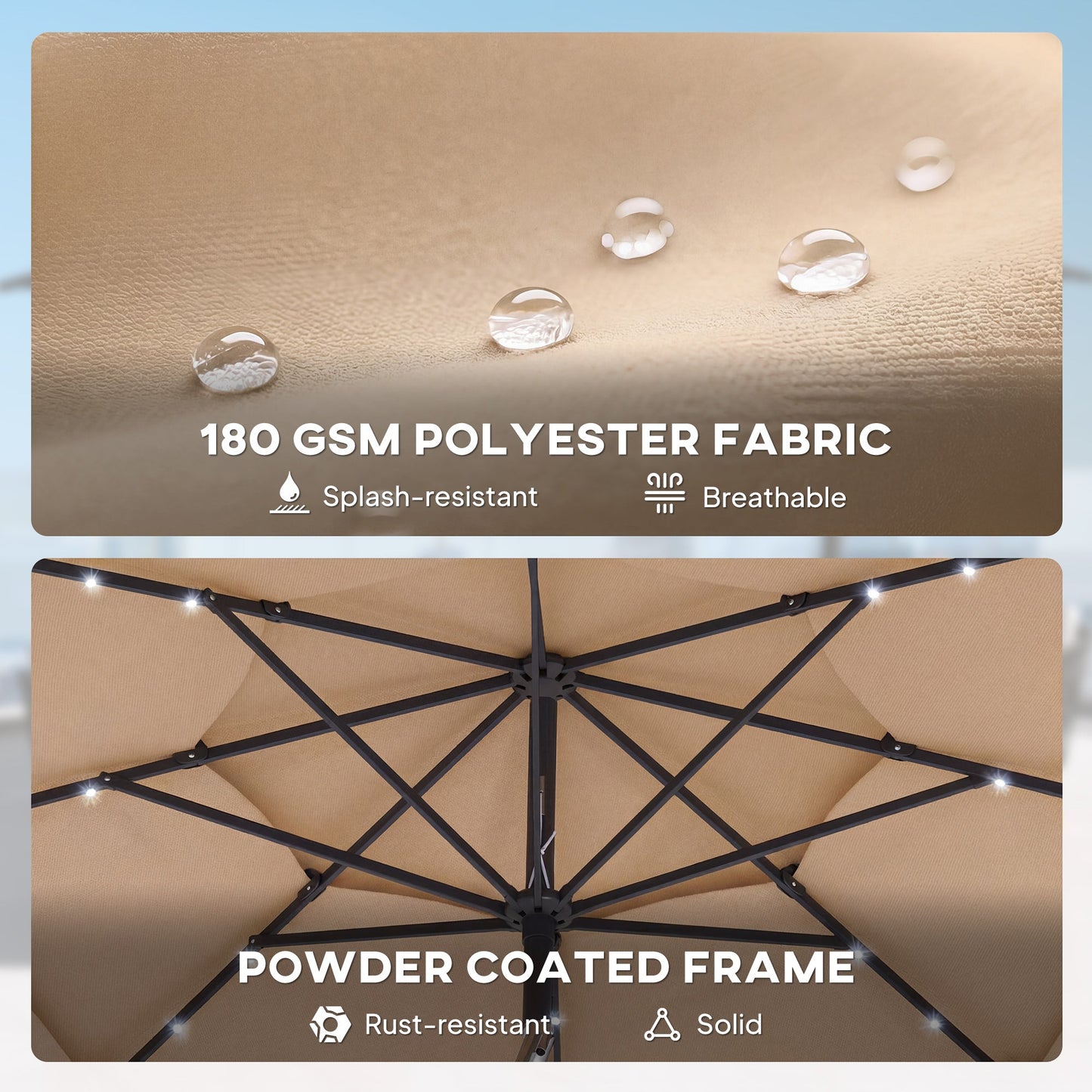2.8 m Garden Parasol Umbrella with LED Solar Light, Parasol Cover, 3 Tier Outdoor Table Market Patio Umbrella Sun Shade with Tilt and Crank, 8 Ribs, Khaki