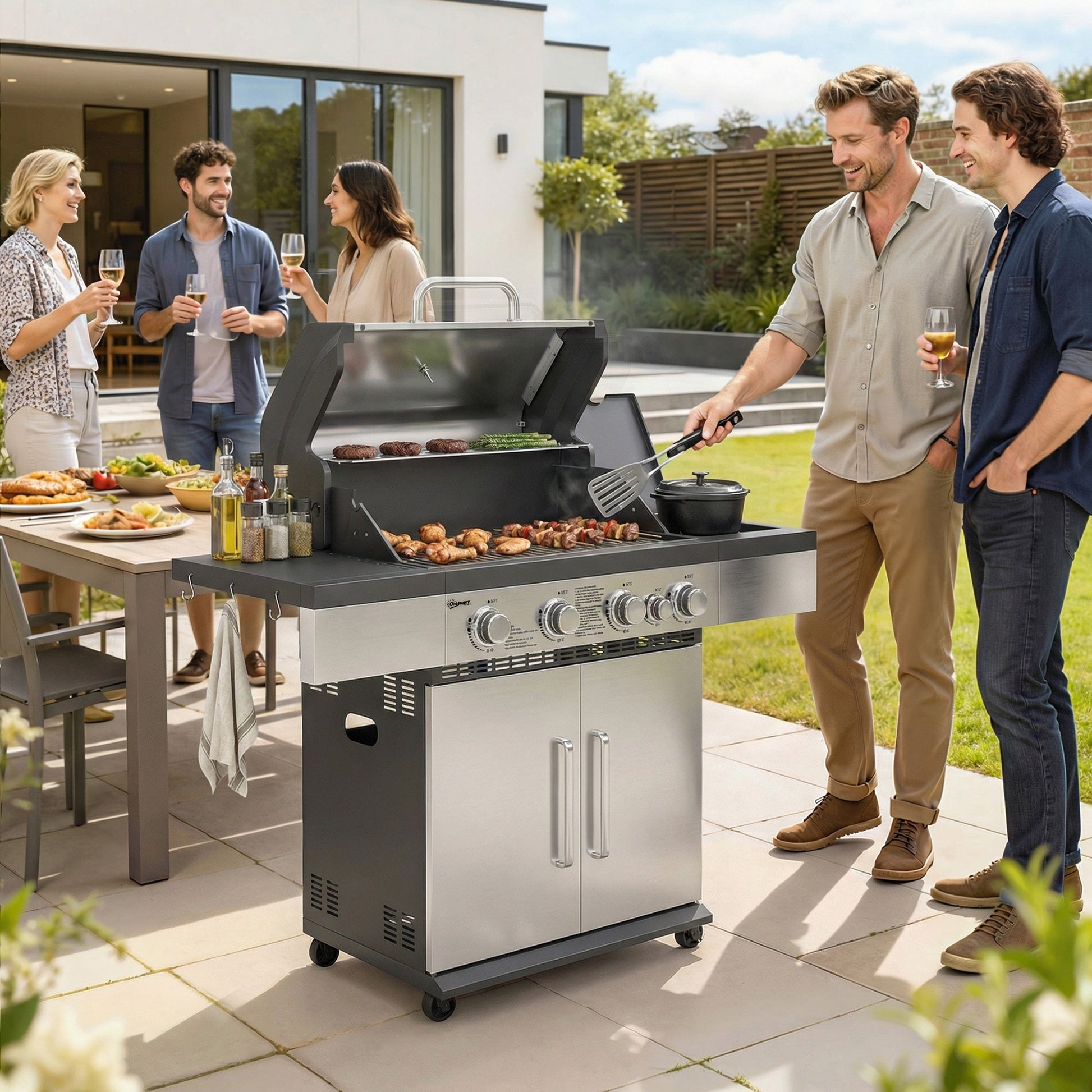 4+1 Burner Gas BBQ Grill, Portable Gas Barbecue Grill with Side Burner, Warming Rack, Side Shelf, Storage Cabinet, Thermometer, 4 Wheels, Tank Holder for Garden Party Outdoor Cooking
