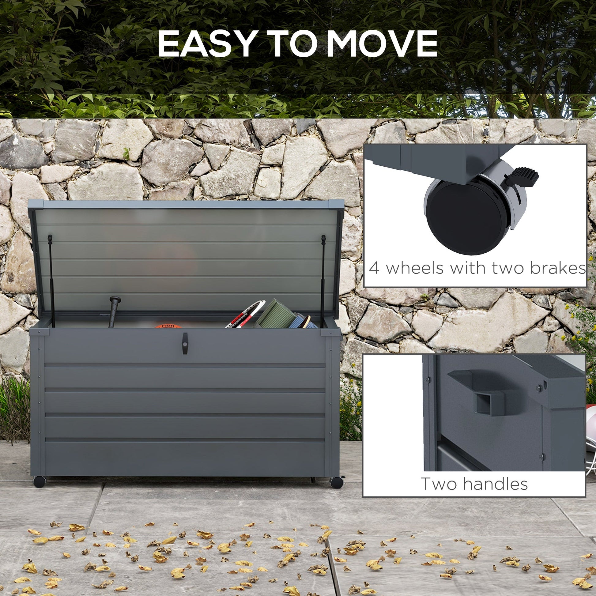 331 Litre Garden Storage Box, Waterproof Outdoor Storage Box with Wheels and Handles, Lockable Galvanised Steel Outside Deck Box Organiser for Tools, Cushions, Dark Grey