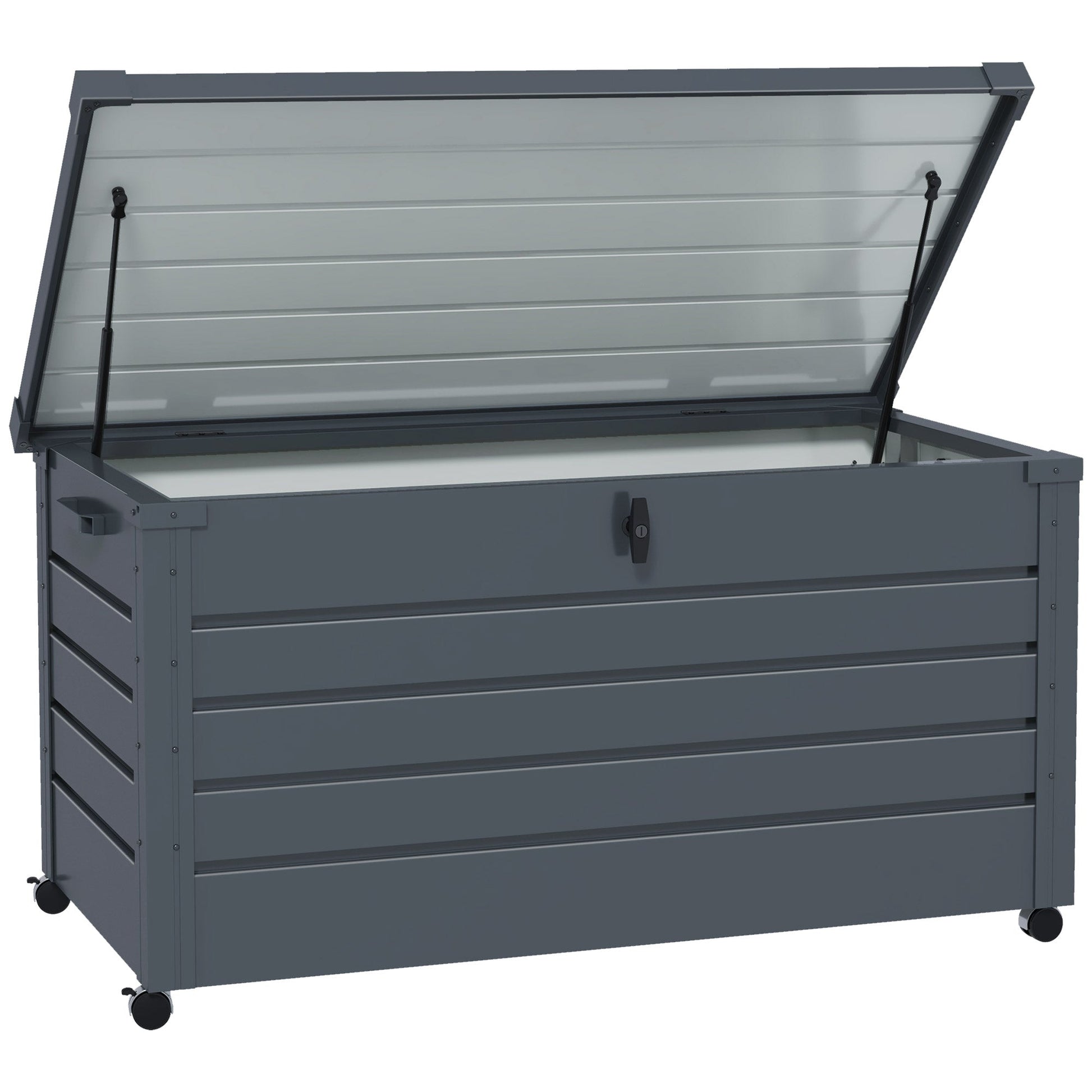 331 Litre Garden Storage Box, Waterproof Outdoor Storage Box with Wheels and Handles, Lockable Galvanised Steel Outside Deck Box Organiser for Tools, Cushions, Dark Grey