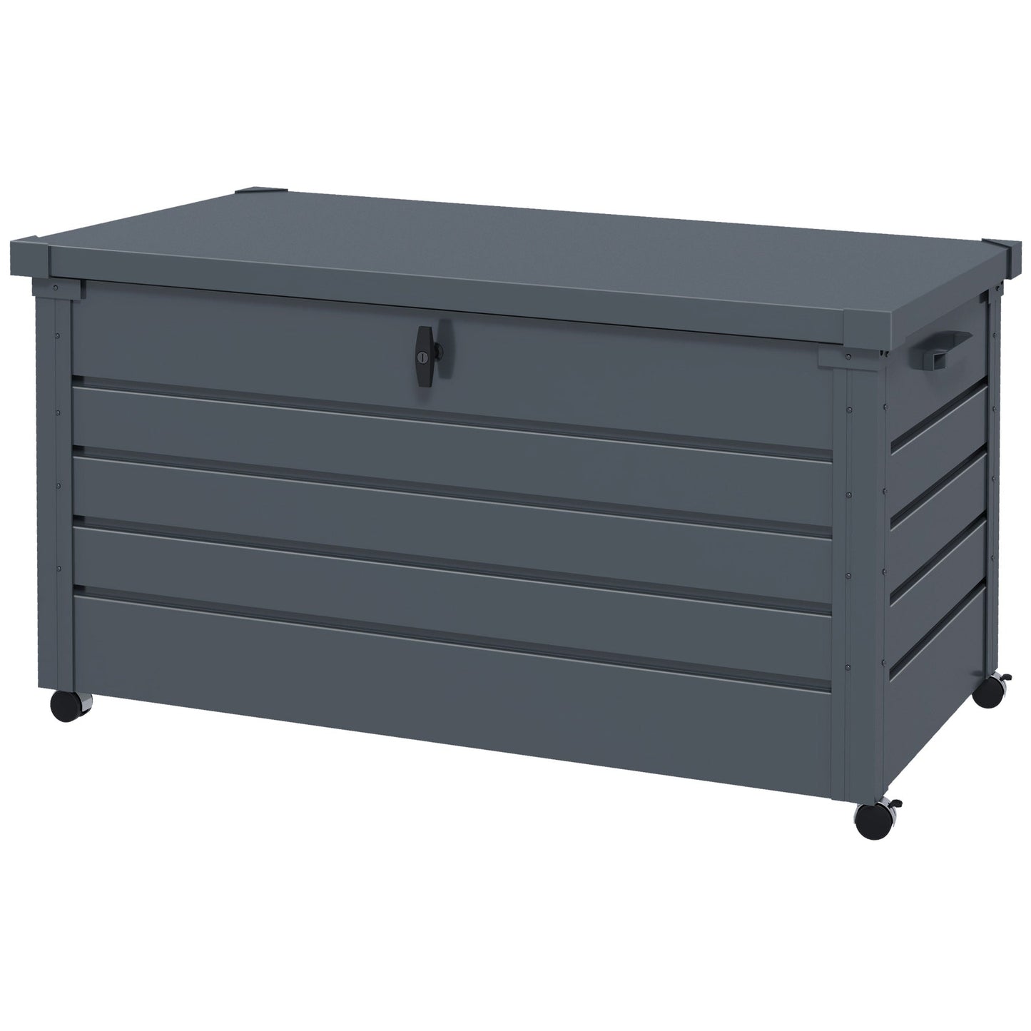 331 Litre Garden Storage Box, Waterproof Outdoor Storage Box with Wheels and Handles, Lockable Galvanised Steel Outside Deck Box Organiser for Tools, Cushions, Dark Grey
