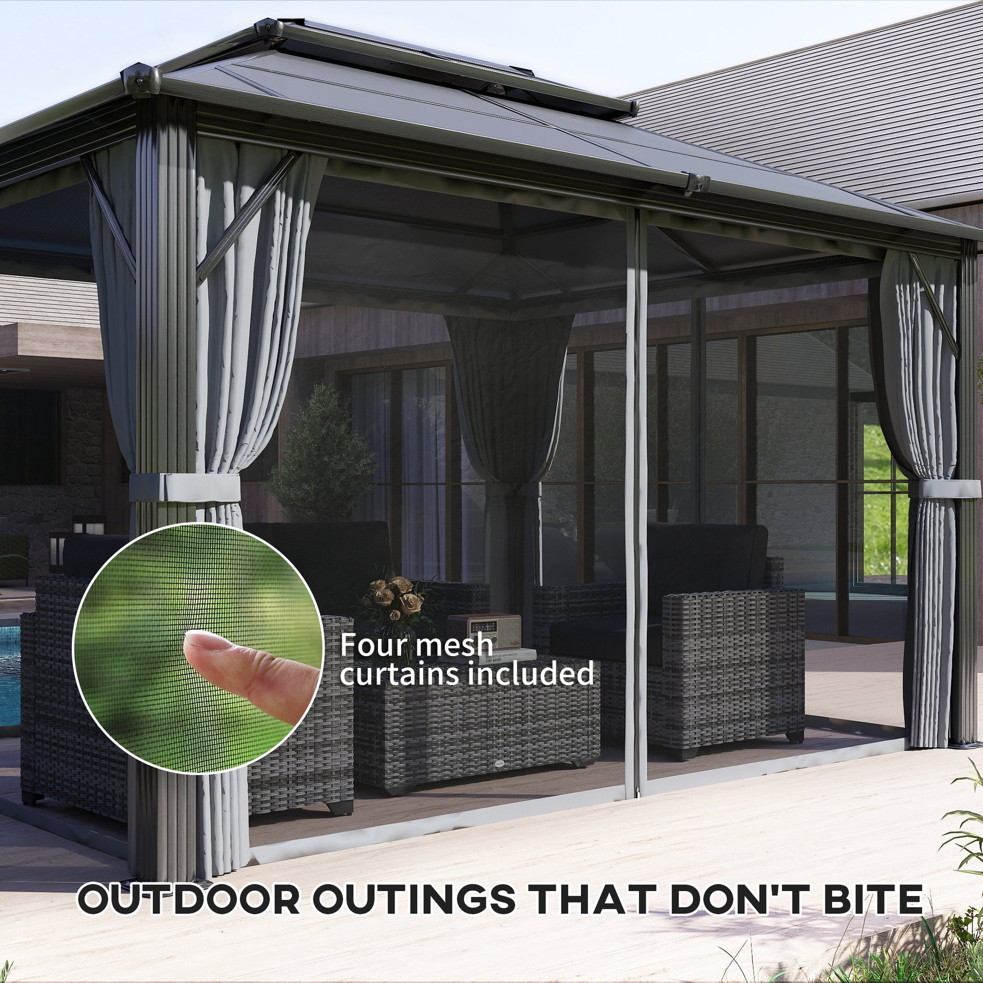 3 x 4m Hardtop Gazebo Canopy with UPF30+ Double Polycarbonate Roof, Aluminium Frame Garden Gazebo Permanent Pavilion with Mosquito Netting and Curtains for Patio, Deck, Grey