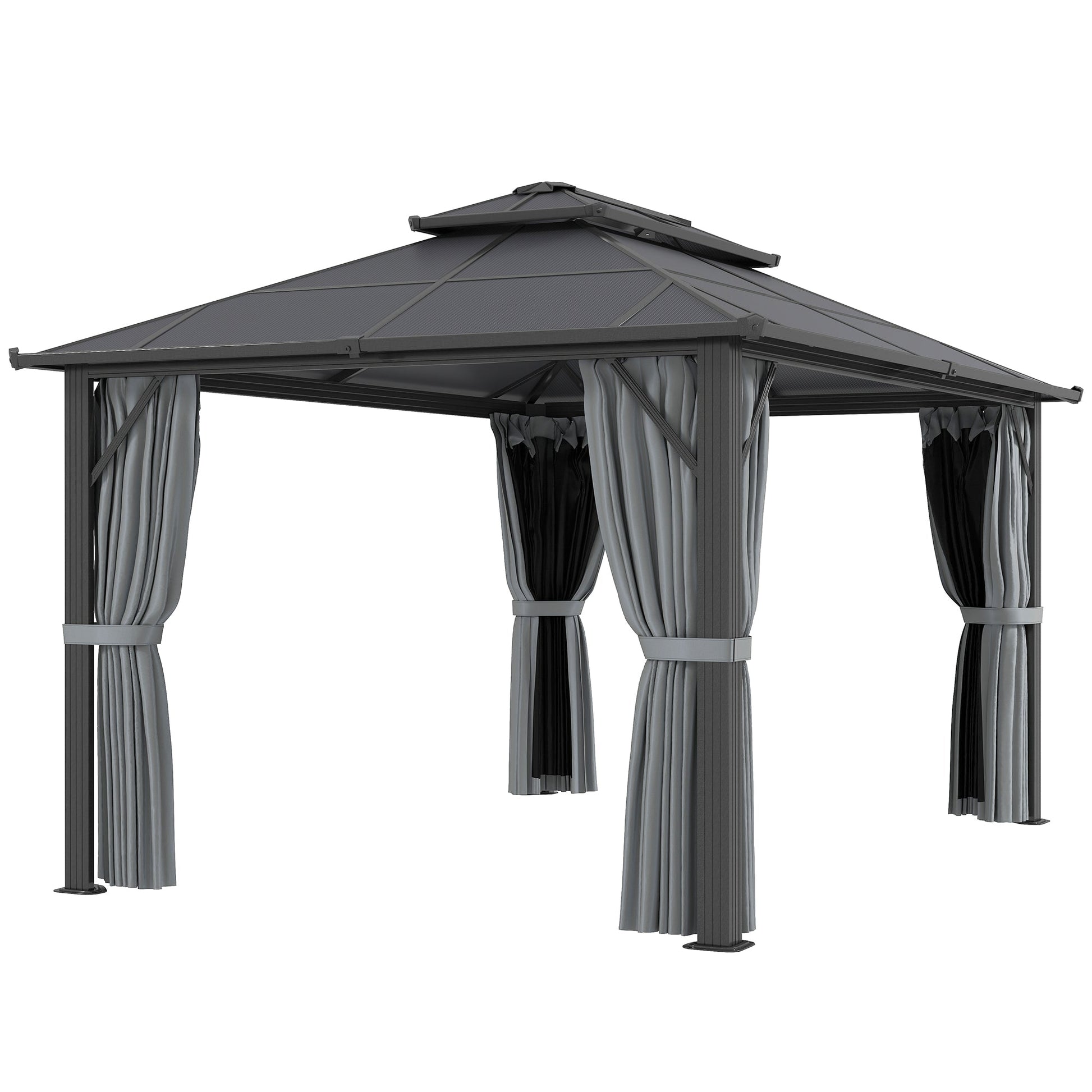 3 x 4m Hardtop Gazebo Canopy with UPF30+ Double Polycarbonate Roof, Aluminium Frame Garden Gazebo Permanent Pavilion with Mosquito Netting and Curtains for Patio, Deck, Grey