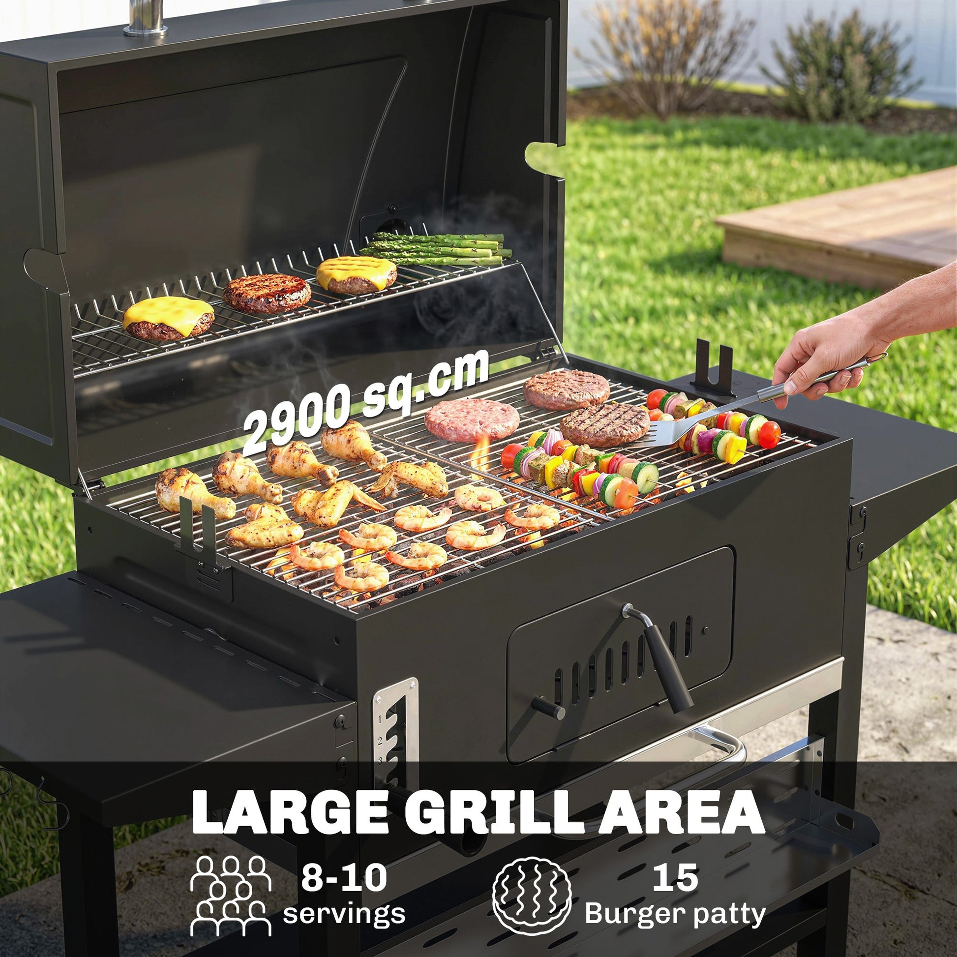 Charcoal BBQ Grill Smoker with Electric Rotisserie Kit, Portable Barbecue Grill with Warming Rack, Foldable Side Tables, Spice Rack, Hooks, Thermometer, Wheels for Outdoor Cooking, Black
