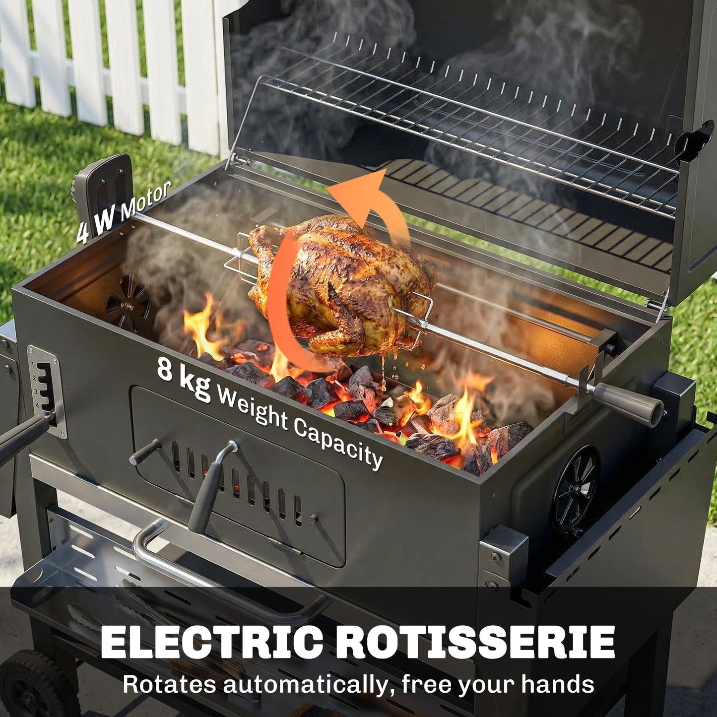 Charcoal BBQ Grill Smoker with Electric Rotisserie Kit, Portable Barbecue Grill with Warming Rack, Foldable Side Tables, Spice Rack, Hooks, Thermometer, Wheels for Outdoor Cooking, Black