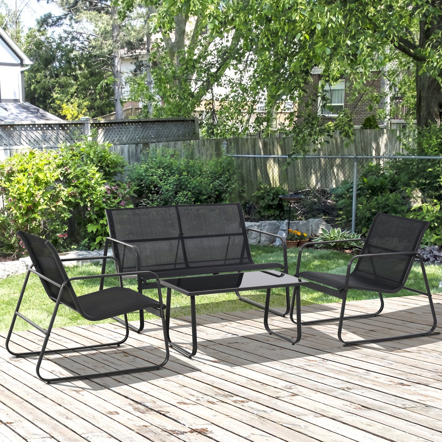 4 Piece Garden Furniture Set Outdoor Patio Sofa Set with Double Chair, Single Chairs and Glass Top Table for Terrace and Balcony, Black