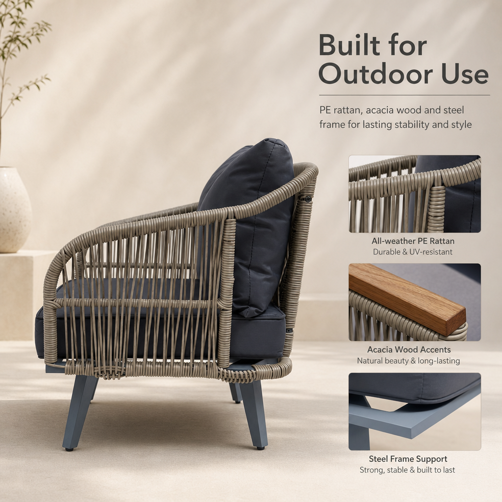 4-Piece Rattan Conversation Set with Loveseat, 2 Armchairs & Acacia Table, Grey