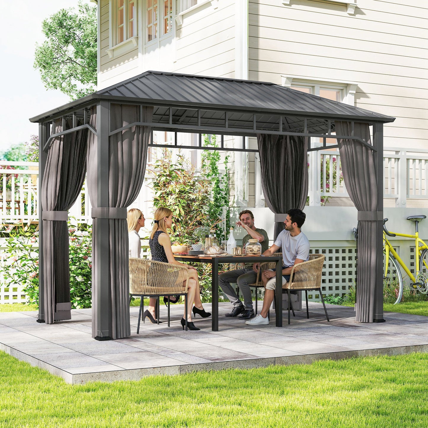 2 x 3.5 m Hardtop Gazebo with Galvanised Steel Roof, Waterproof Permanent Pavilion Garden Gazebo with Netting and Curtains for Patio, Deck, Dark Grey