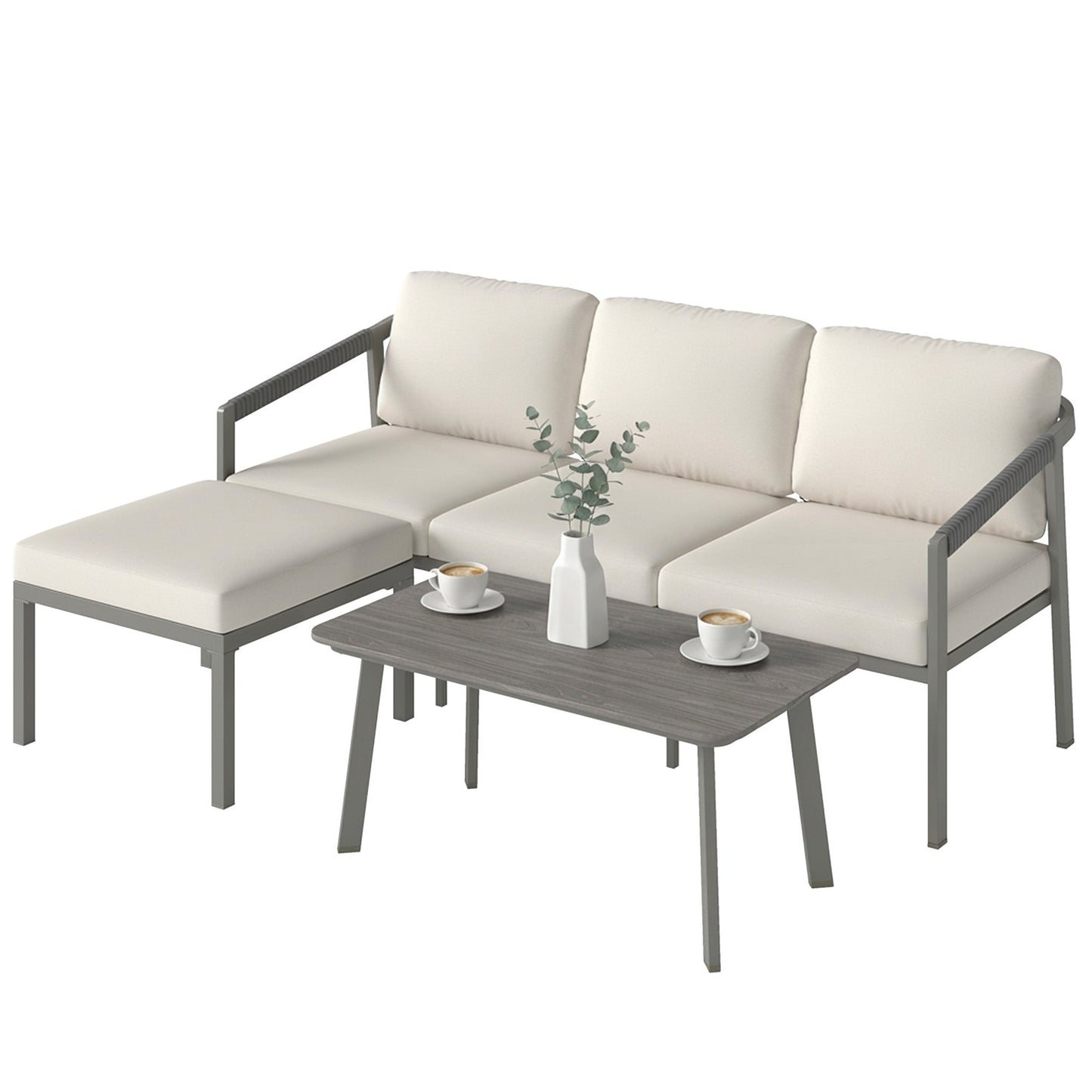 3 Piece Garden Dining Set, Outdoor Patio Furniture with 3 Seater Sofa, Footstool, Coffee Table and Cuhsions, Garden Sofa Set Conversation Furniture for Porch Patio Balcony, Grey