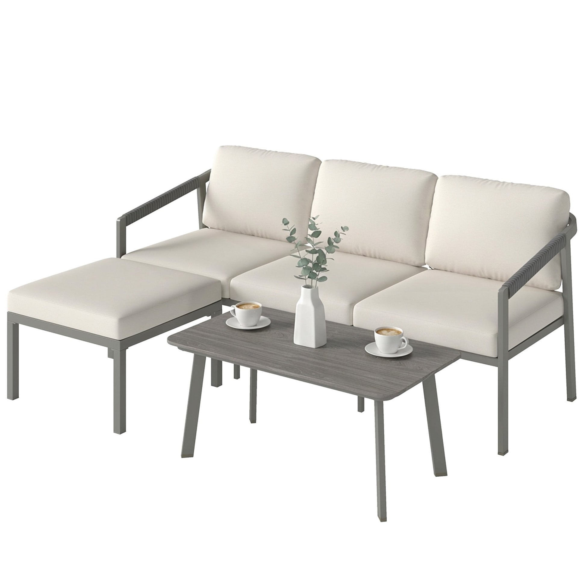 3 Piece Garden Dining Set, Outdoor Patio Furniture with 3 Seater Sofa, Footstool, Coffee Table and Cuhsions, Garden Sofa Set Conversation Furniture for Porch Patio Balcony, Grey
