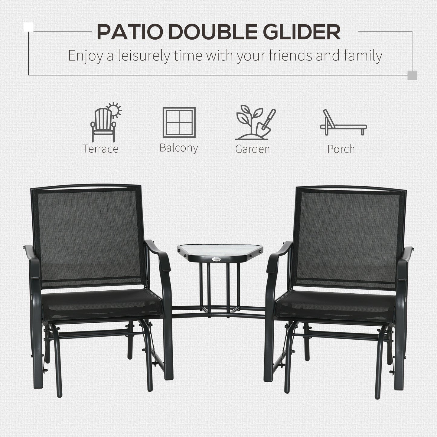 Outdoor Double Glider Rocking Chairs with Glass Top Middle Table, Metal Gliding Love Seat Conversation Furniture with Breathable Mesh Fabric Seat, for Garden, Patio, Black