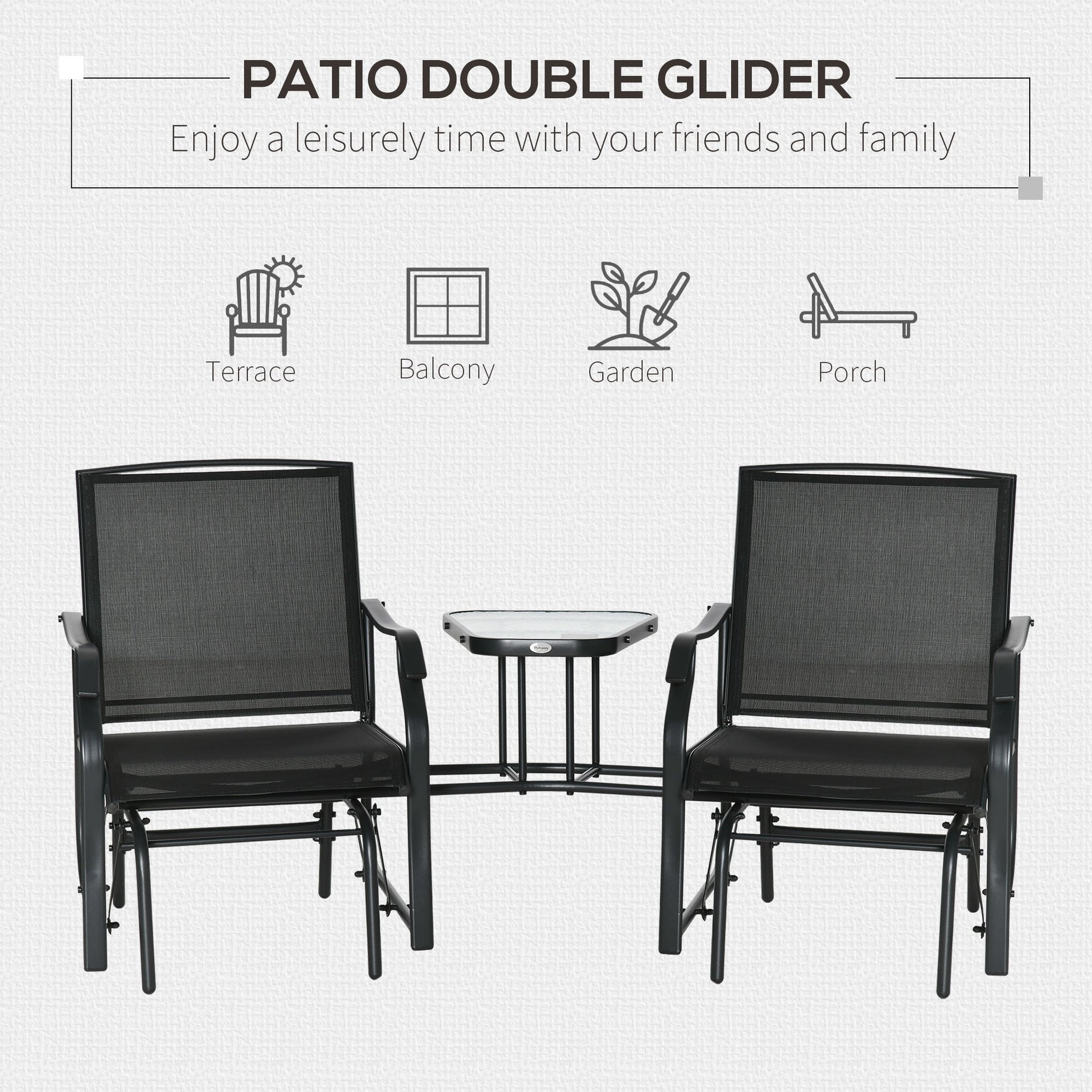 Outdoor Double Glider Rocking Chairs with Glass Top Middle Table, Metal Gliding Love Seat Conversation Furniture with Breathable Mesh Fabric Seat, for Garden, Patio, Black