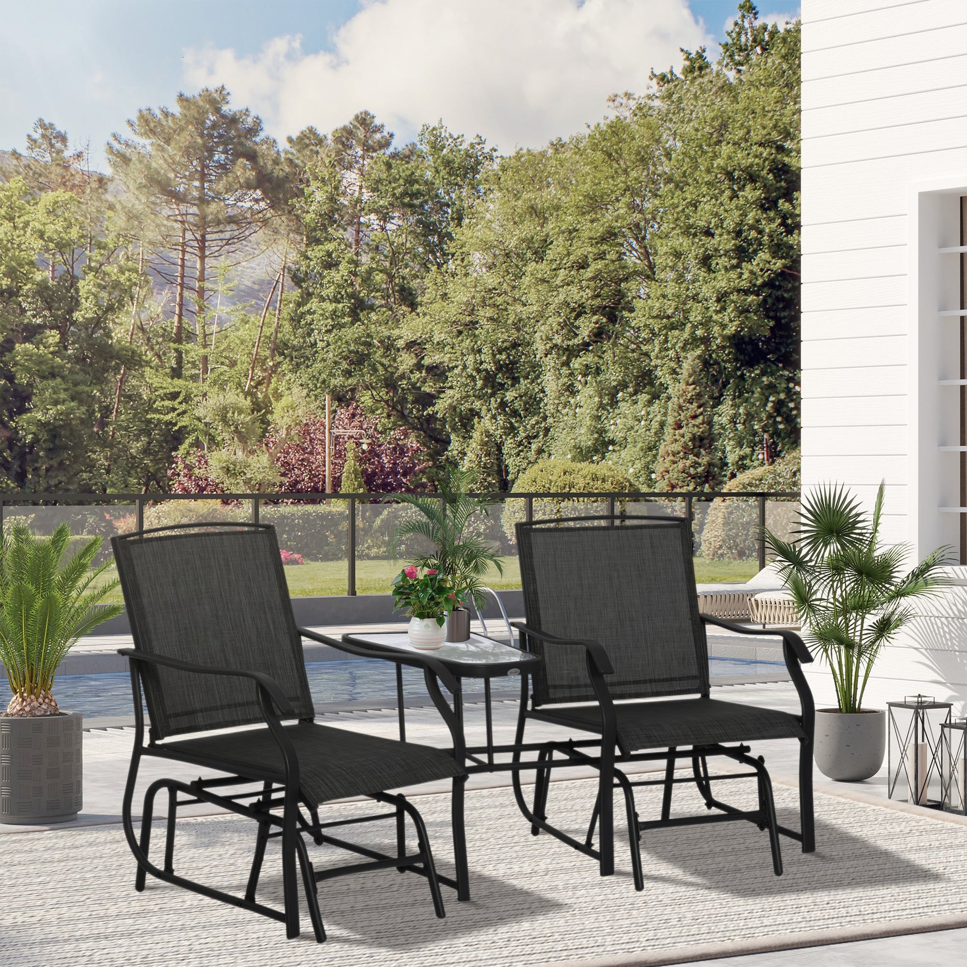 Outdoor Double Glider Rocking Chairs with Glass Top Middle Table, Metal Gliding Love Seat Conversation Furniture with Breathable Mesh Fabric Seat, for Garden, Patio, Black