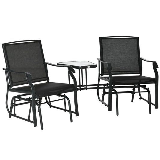 Outdoor Double Glider Rocking Chairs with Glass Top Middle Table, Metal Gliding Love Seat Conversation Furniture with Breathable Mesh Fabric Seat, for Garden, Patio, Black