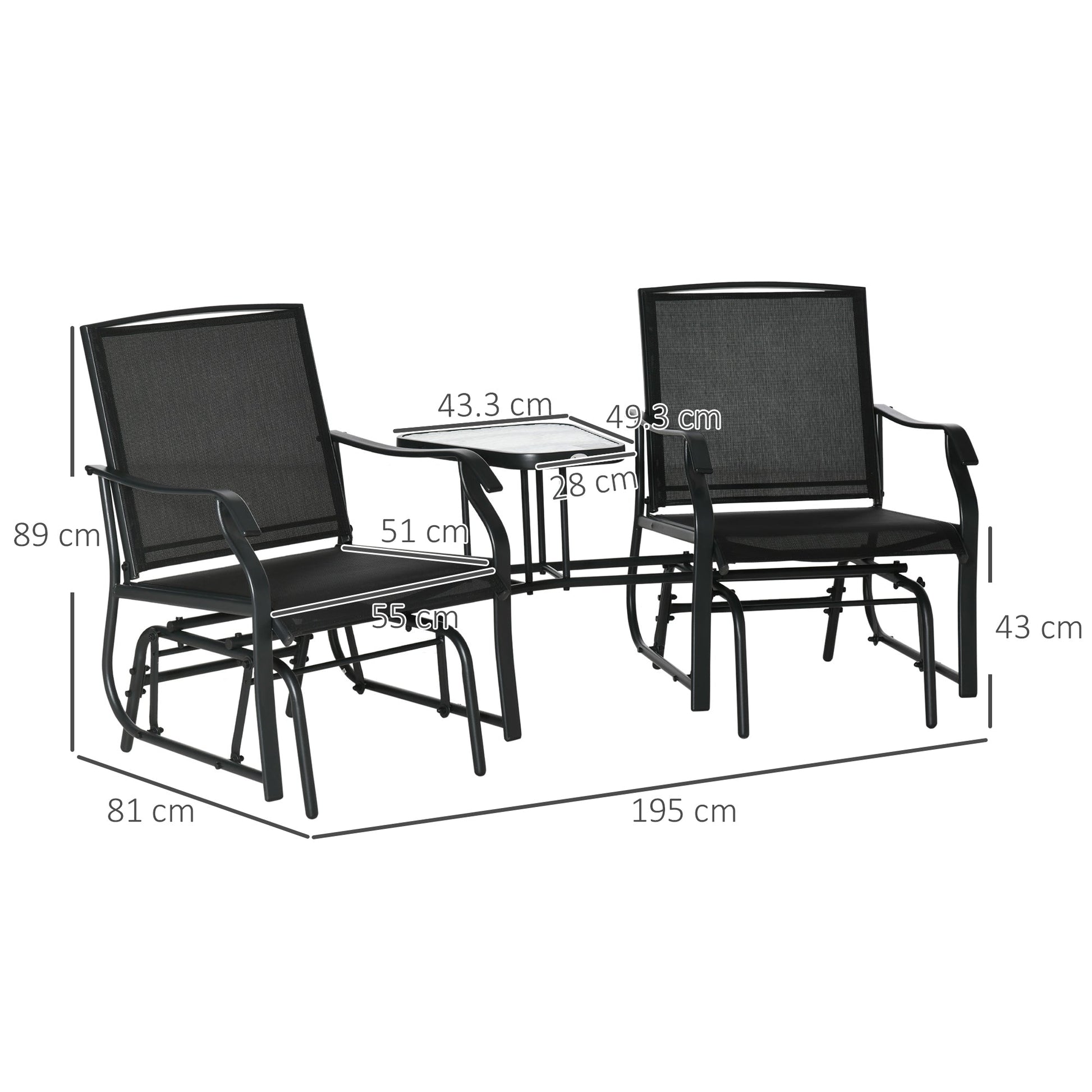Outdoor Double Glider Rocking Chairs with Glass Top Middle Table, Metal Gliding Love Seat Conversation Furniture with Breathable Mesh Fabric Seat, for Garden, Patio, Black