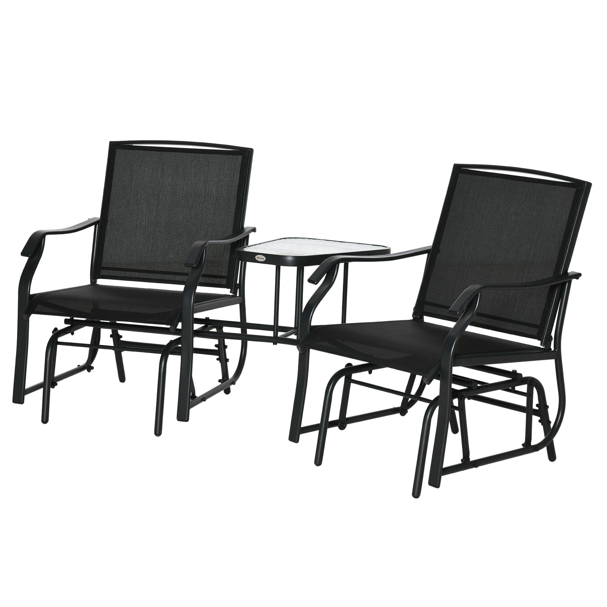 Outdoor Double Glider Rocking Chairs with Glass Top Middle Table, Metal Gliding Love Seat Conversation Furniture with Breathable Mesh Fabric Seat, for Garden, Patio, Black