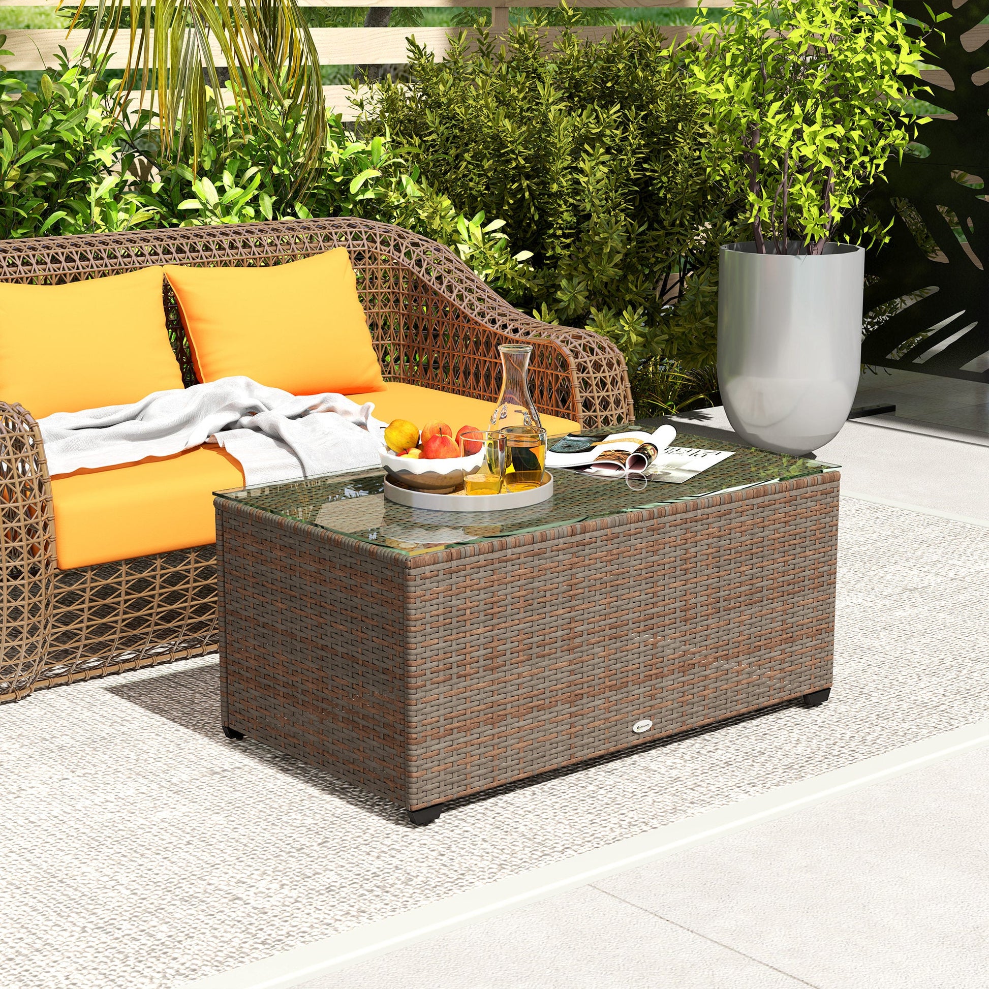 Outdoor Coffee Table, PE Rattan Side Table with Tempered Glass Top, Wicker Rectangular Garden Coffee Table End Table with Steel Frame for Patio, Balcony, 90 x 50 x 38cm, Brown