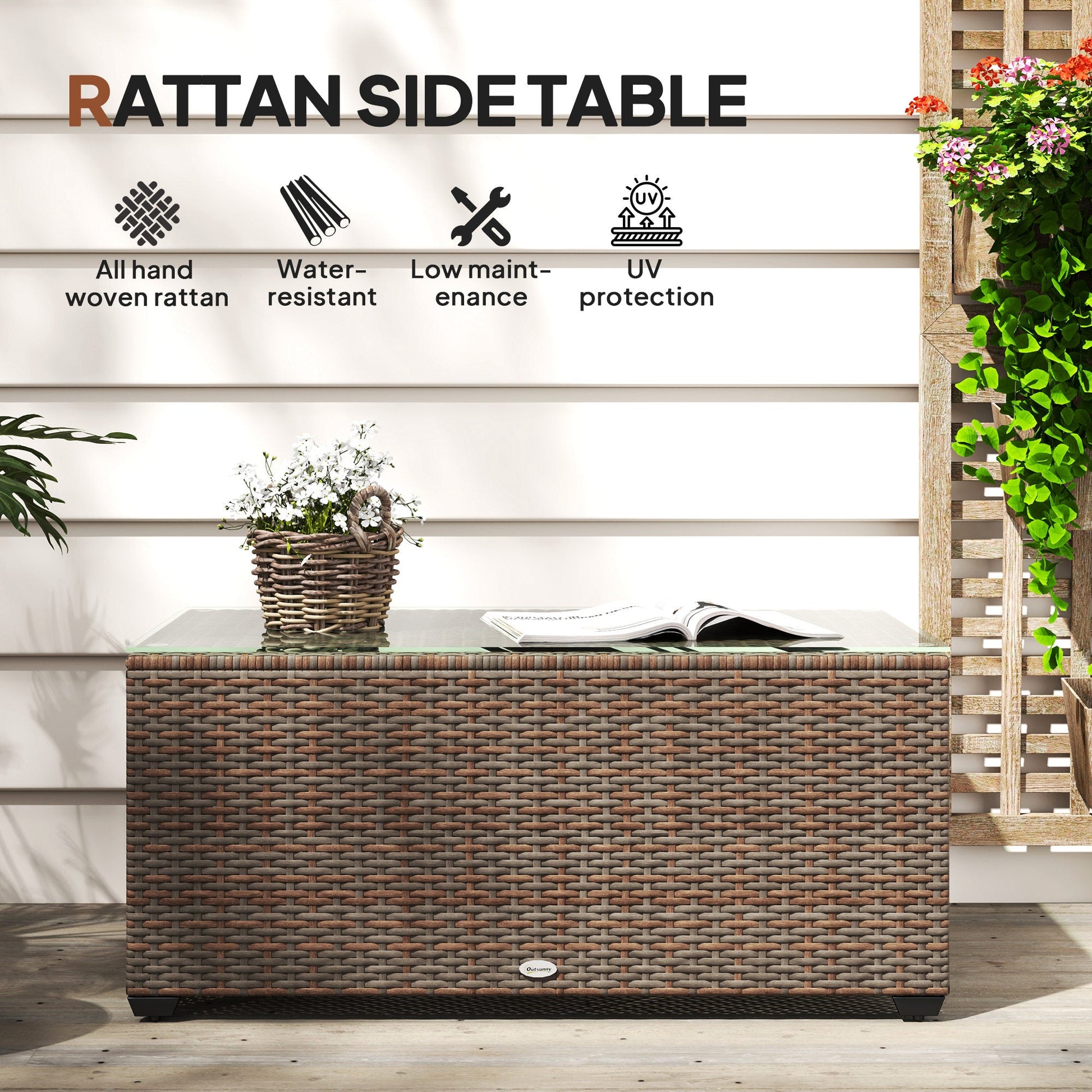 Outdoor Coffee Table, PE Rattan Side Table with Tempered Glass Top, Wicker Rectangular Garden Coffee Table End Table with Steel Frame for Patio, Balcony, 90 x 50 x 38cm, Brown