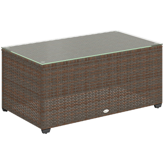 Outdoor Coffee Table, PE Rattan Side Table with Tempered Glass Top, Wicker Rectangular Garden Coffee Table End Table with Steel Frame for Patio, Balcony, 90 x 50 x 38cm, Brown