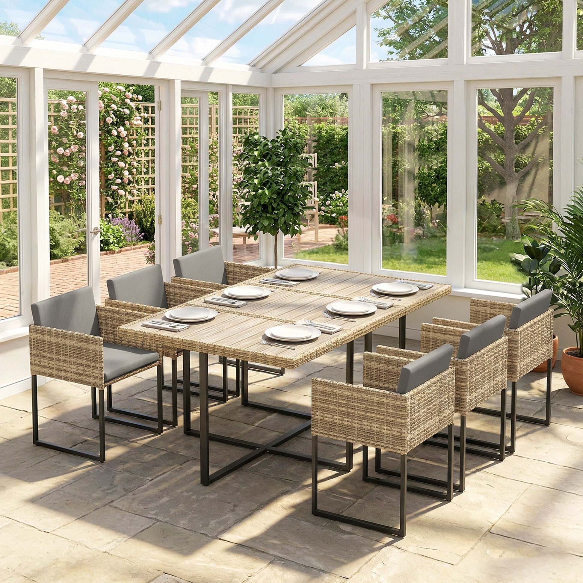 7 Piece Rattan Garden Furniture Set, Garden Dining Set with Wood-Plastic Table and 6 Stackable Chairs, Rattan Table and Chairs with 12 Cushions for Patio Terrace, Light Brown